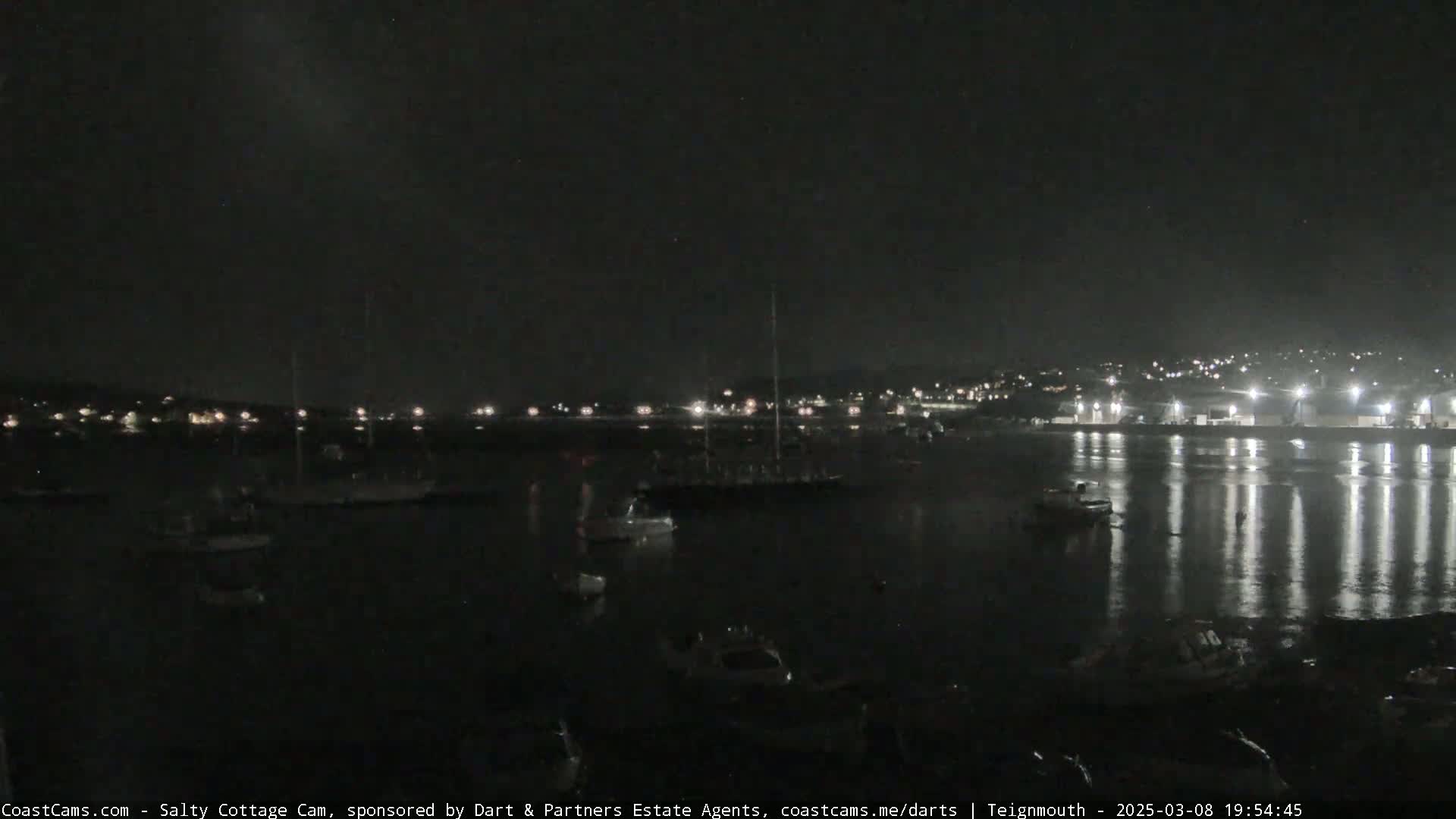A nighttime harbor scene shows numerous boats moored in calm water, with a town's lights visible in the distance.