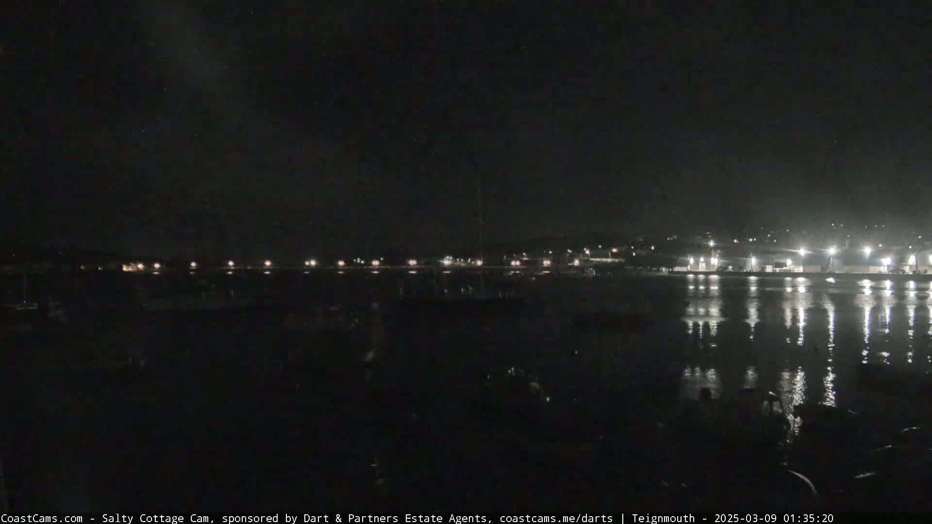 A dark nighttime scene shows a body of water reflecting lights from a distant shoreline.