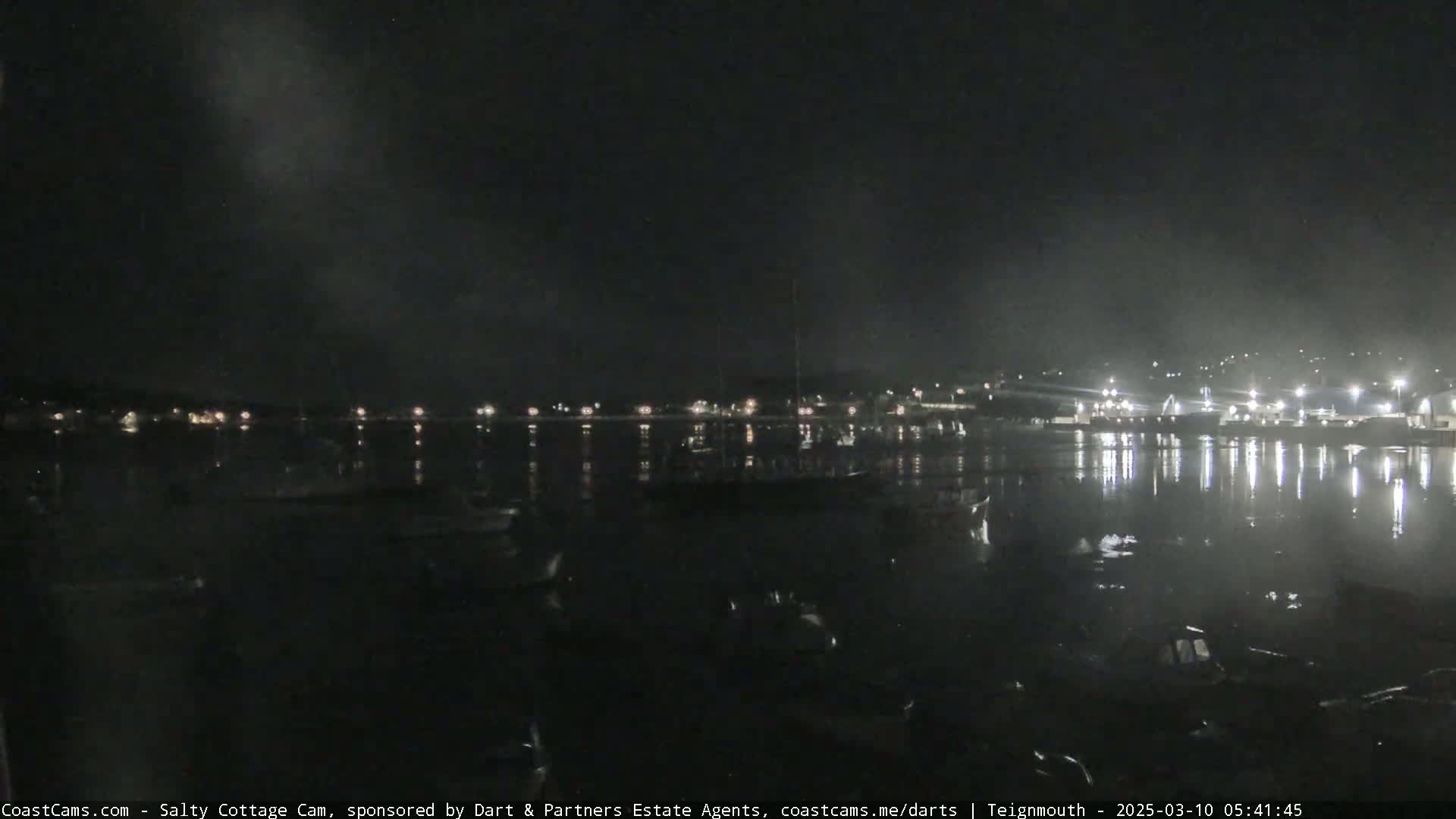 A nighttime view of a harbor with boats and a town lit up on the shore under a dark, cloudy sky.