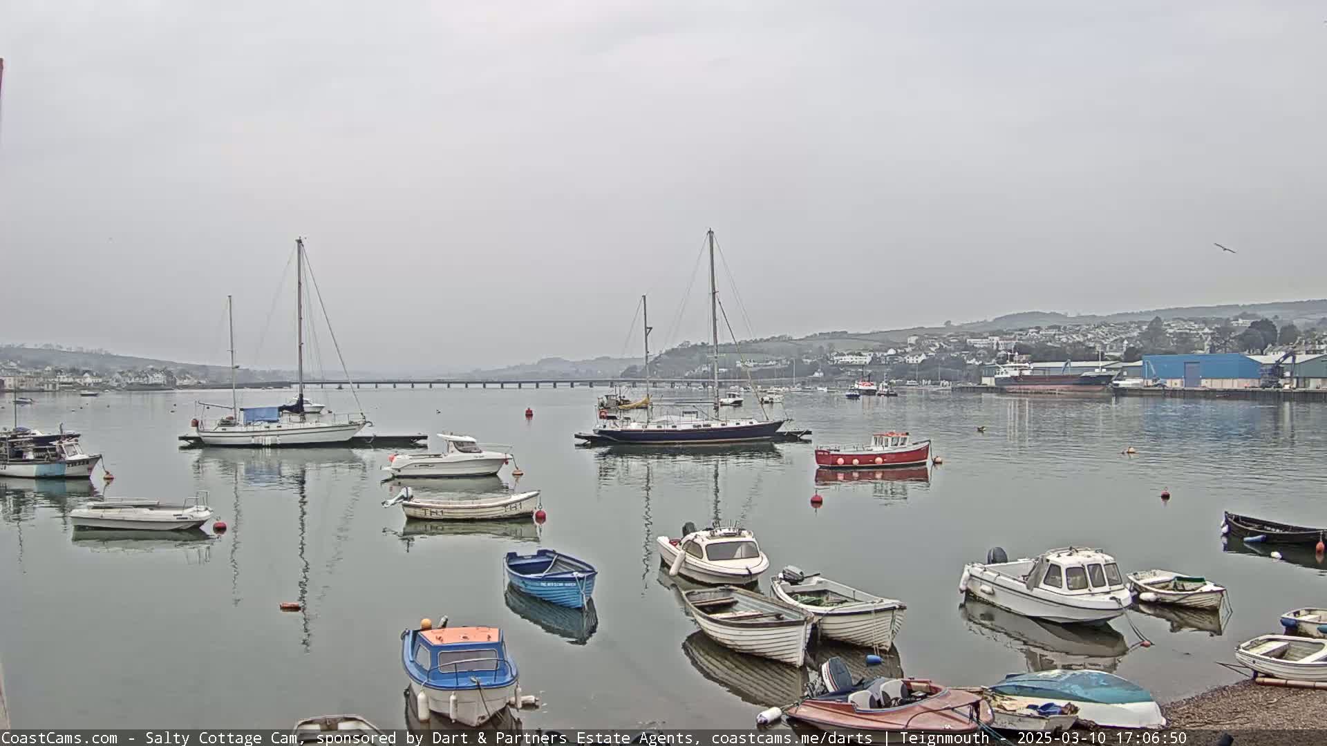 Numerous boats are moored in a calm harbor on an overcast day, with a bridge and distant town visible in the background.