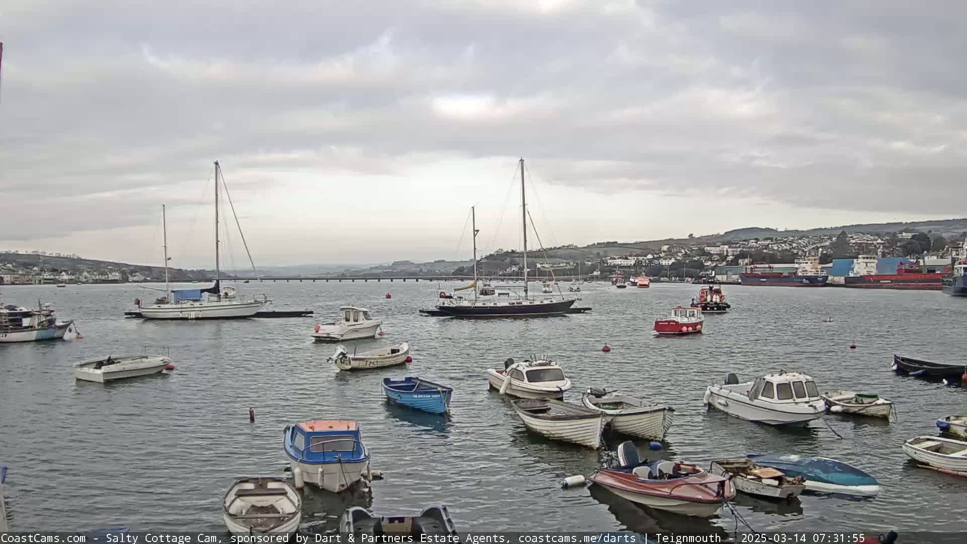 Numerous sailboats and motorboats are moored in a calm harbor under an overcast sky.