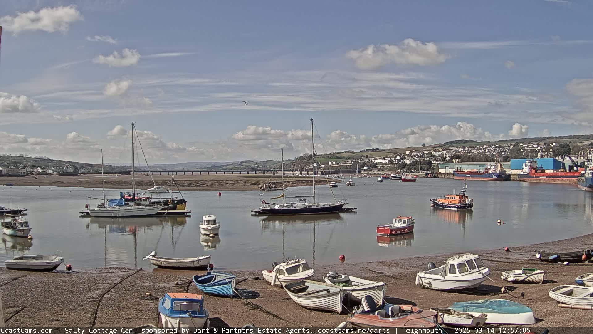 A calm, sunny day reveals a harbor filled with sailboats and small motorboats, some beached on a muddy shore, with a town and bridge visible in the distance.