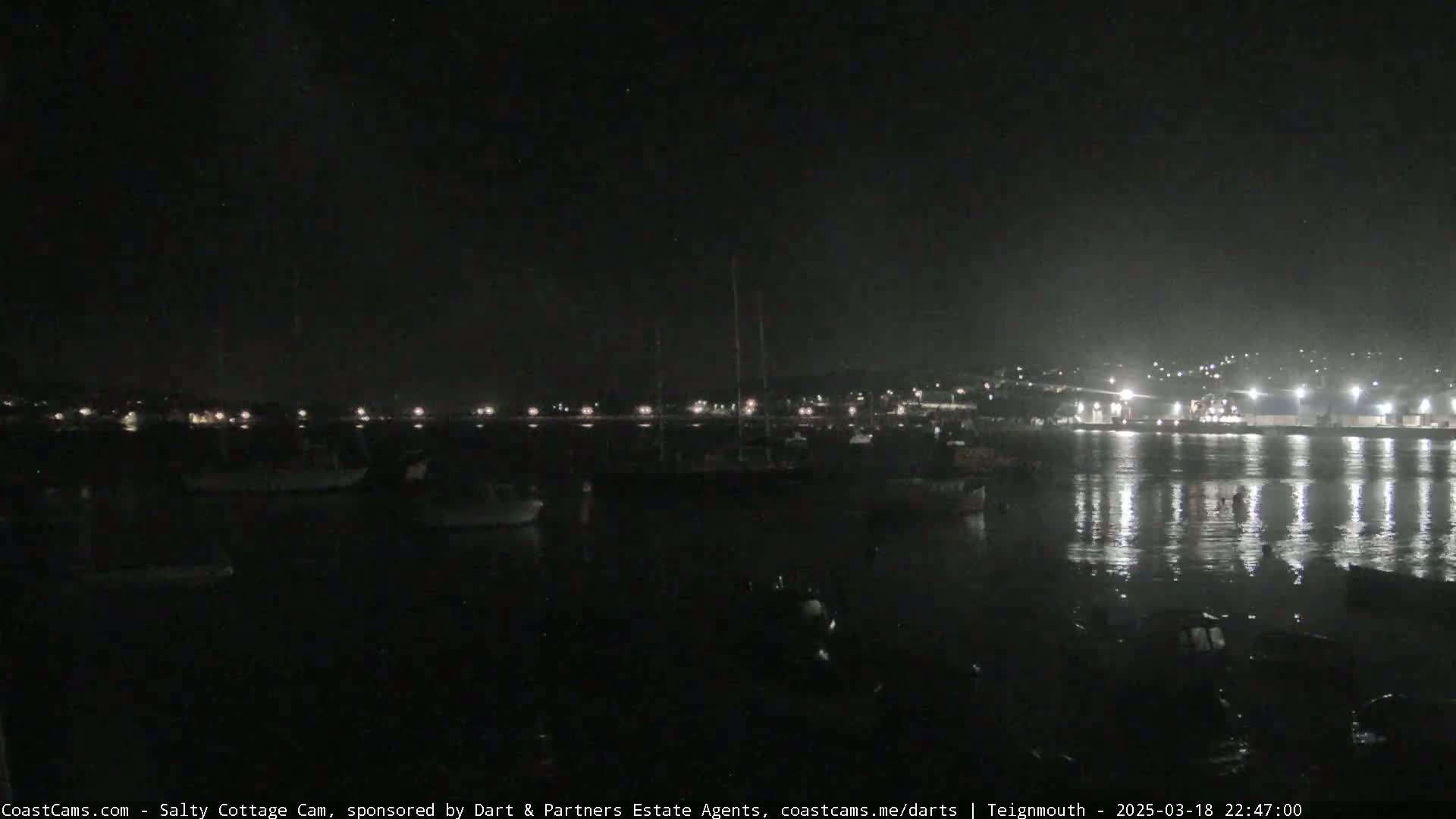 A nighttime view of a harbor filled with boats, illuminated by lights from the shore.