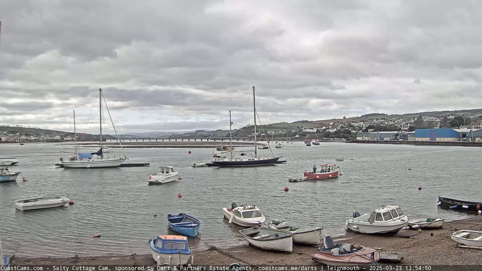 Several sailboats and motorboats are moored in a calm harbor under an overcast sky.