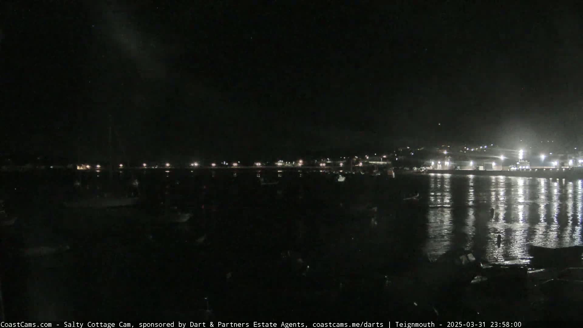 A nighttime view of a calm harbor with boats moored, and a town's lights reflected on the water.