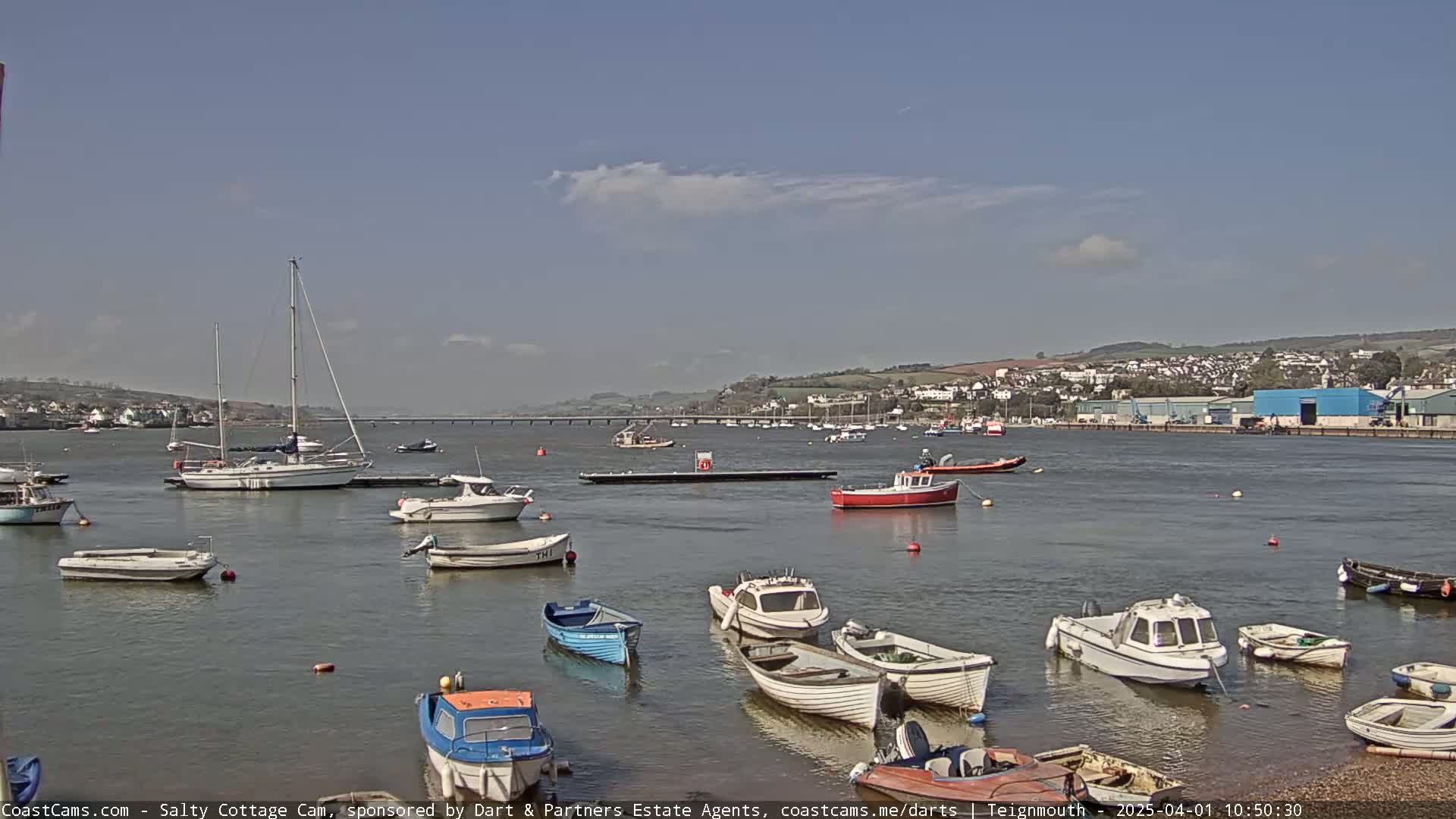 A calm, sunny day shows a harbor filled with numerous small motorboats and sailboats, with a town and hills visible in the background across the water.