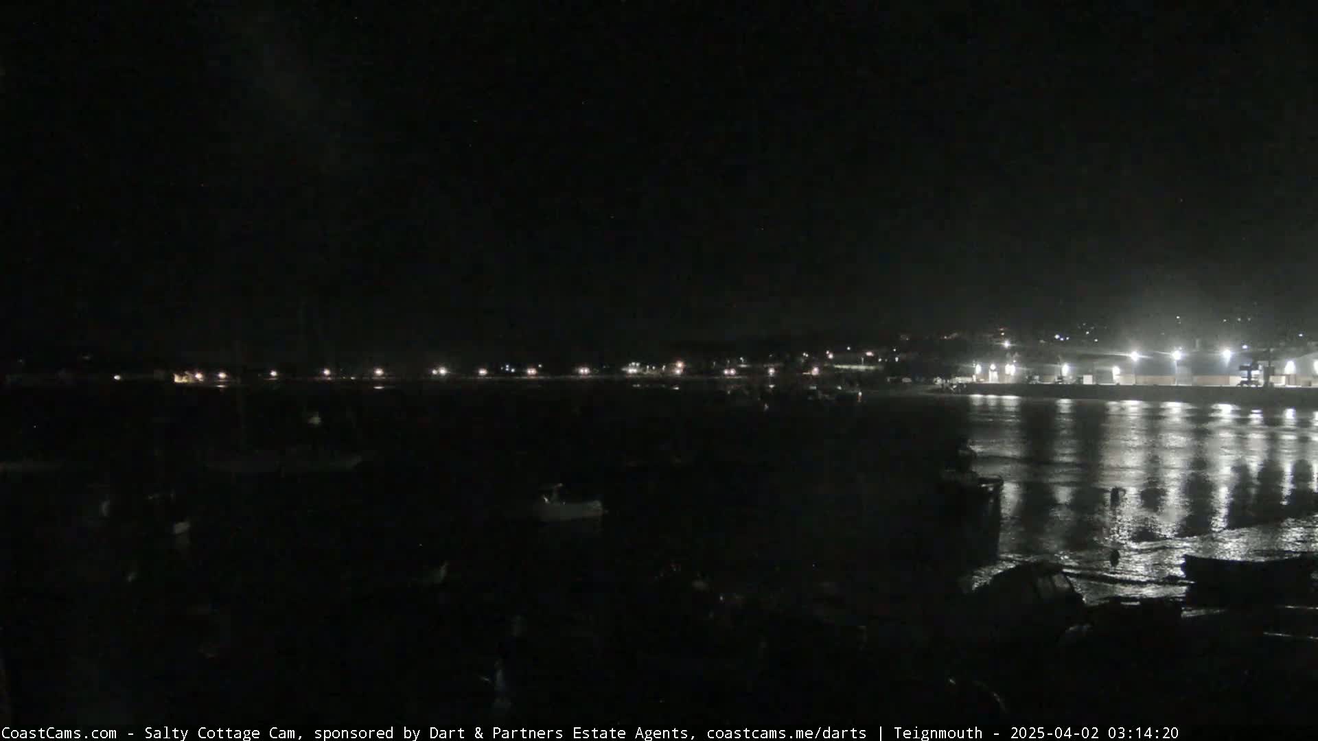 A nighttime view of a dark, calm body of water with a shoreline showing dimly lit buildings and boats.