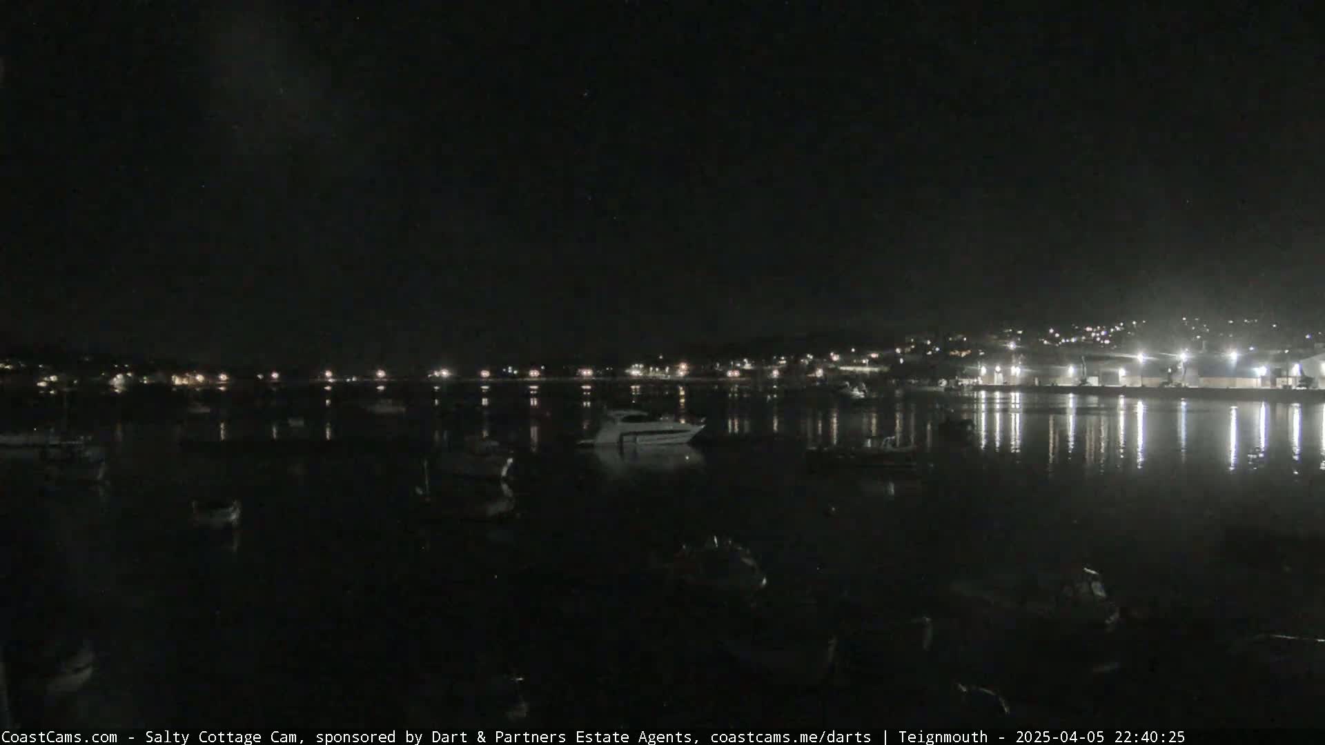A nighttime harbor scene shows several boats moored in calm water, with lights illuminating a nearby town on the shore under a clear, dark sky.