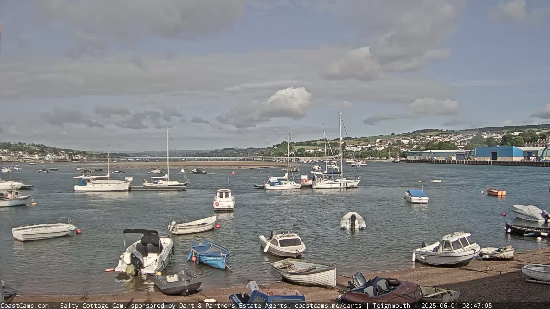 Numerous small boats are moored in a calm harbor under a partly cloudy sky, with a town and bridge visible in the distance.