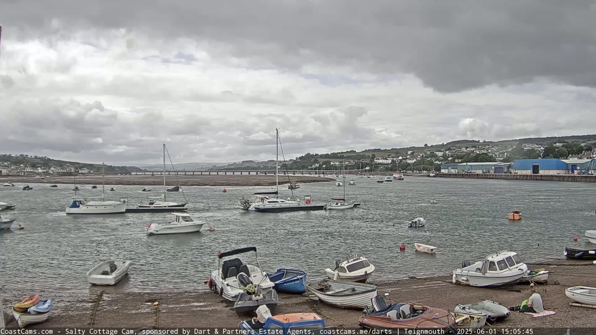 Numerous boats are moored in a calm harbor under an overcast sky.