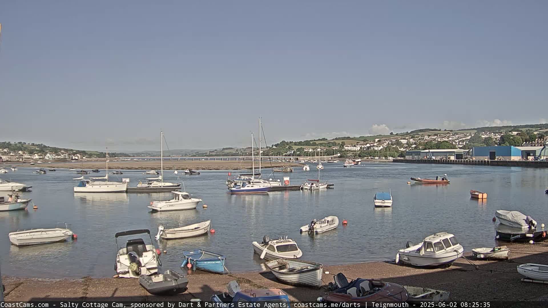 A calm harbor filled with numerous small boats and sailboats under a clear, sunny sky, with a town and bridge visible in the background.