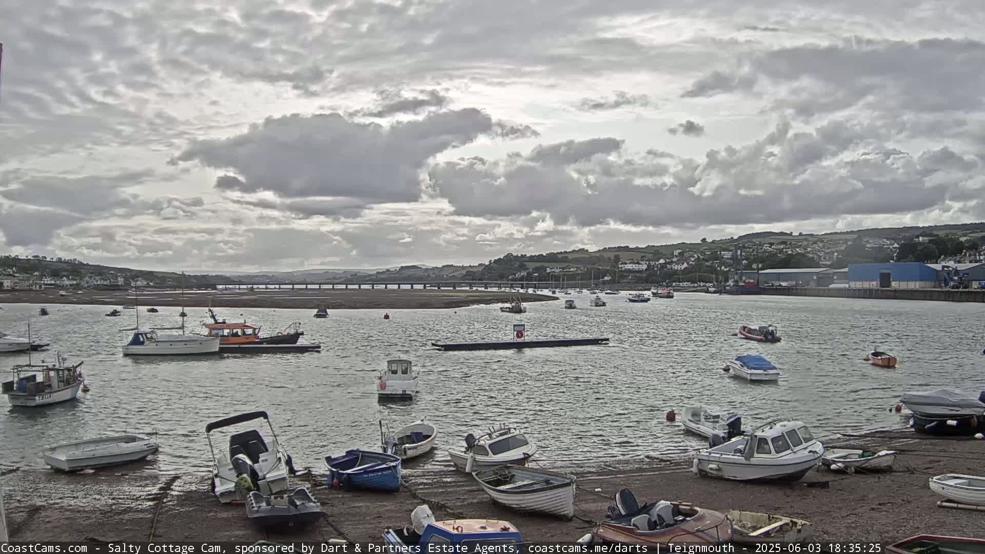 Numerous small boats are moored in a calm harbor under a cloudy sky, with a bridge and distant hills visible in the background.