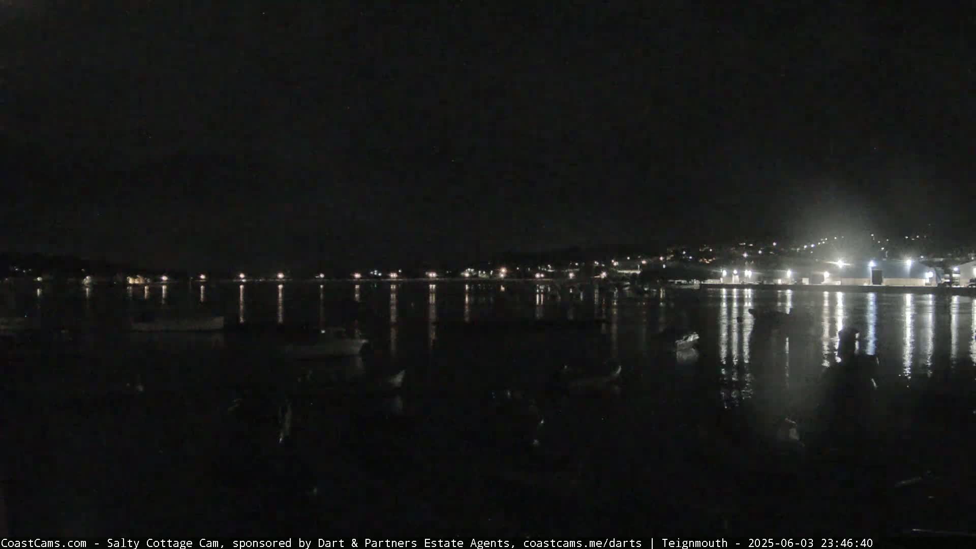 A dark nighttime scene shows a calm body of water reflecting the lights of a distant town, with several small boats moored in the foreground.