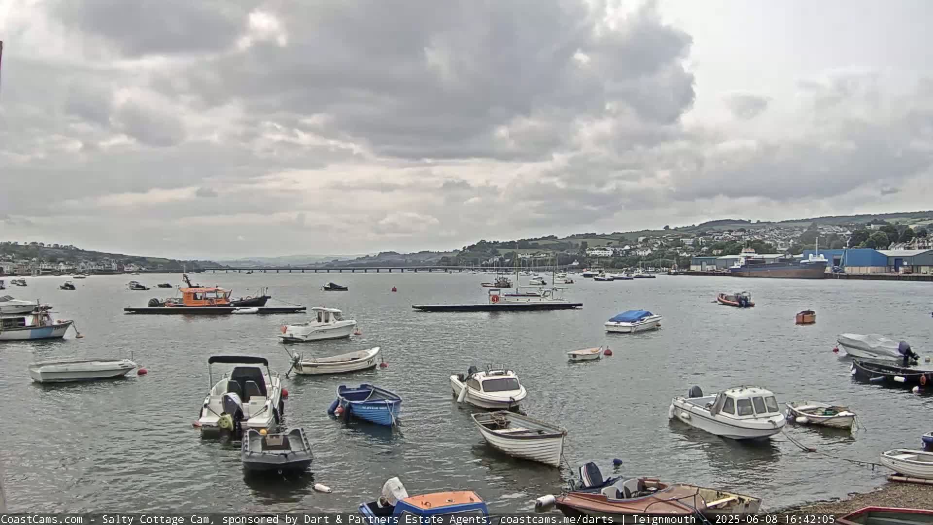 Numerous small boats are moored in a calm harbor under a cloudy sky, with a bridge and distant town visible in the background.