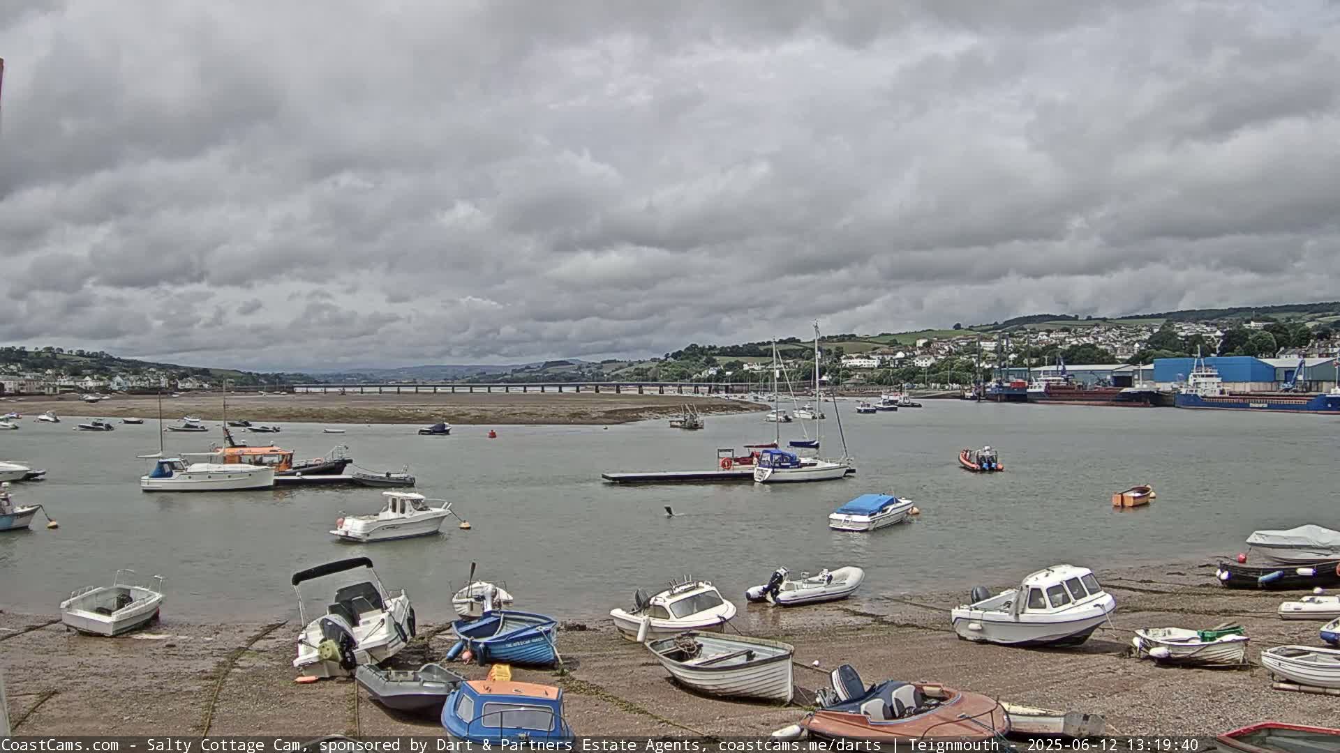Numerous small boats are moored in a harbor under a cloudy sky, with a bridge and distant buildings visible across the water.