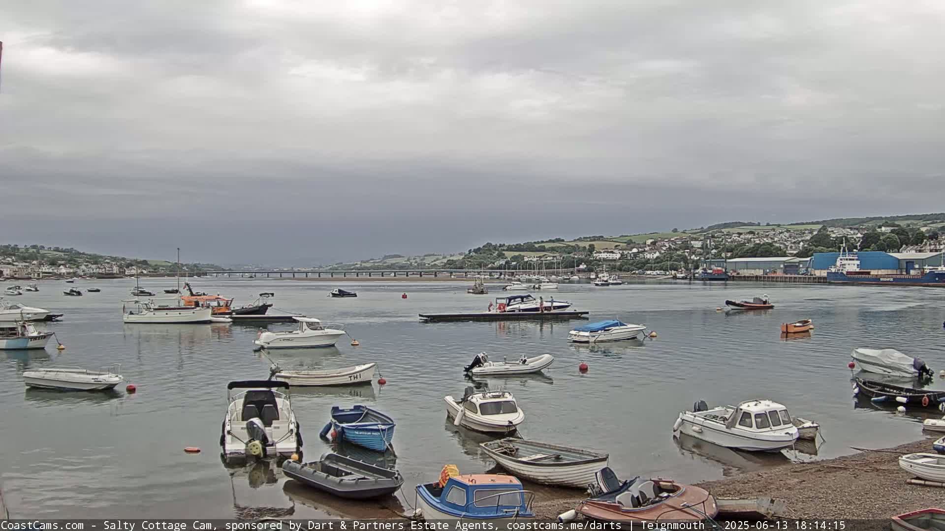 A calm harbor with numerous small motorboats and a few larger vessels is visible under an overcast sky.