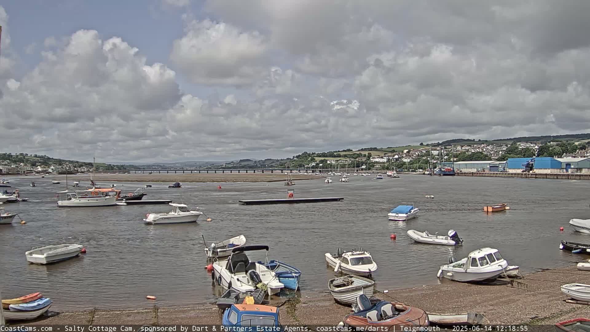 Numerous small boats are moored in a calm river under a partly cloudy sky, with a bridge and distant buildings visible in the background.