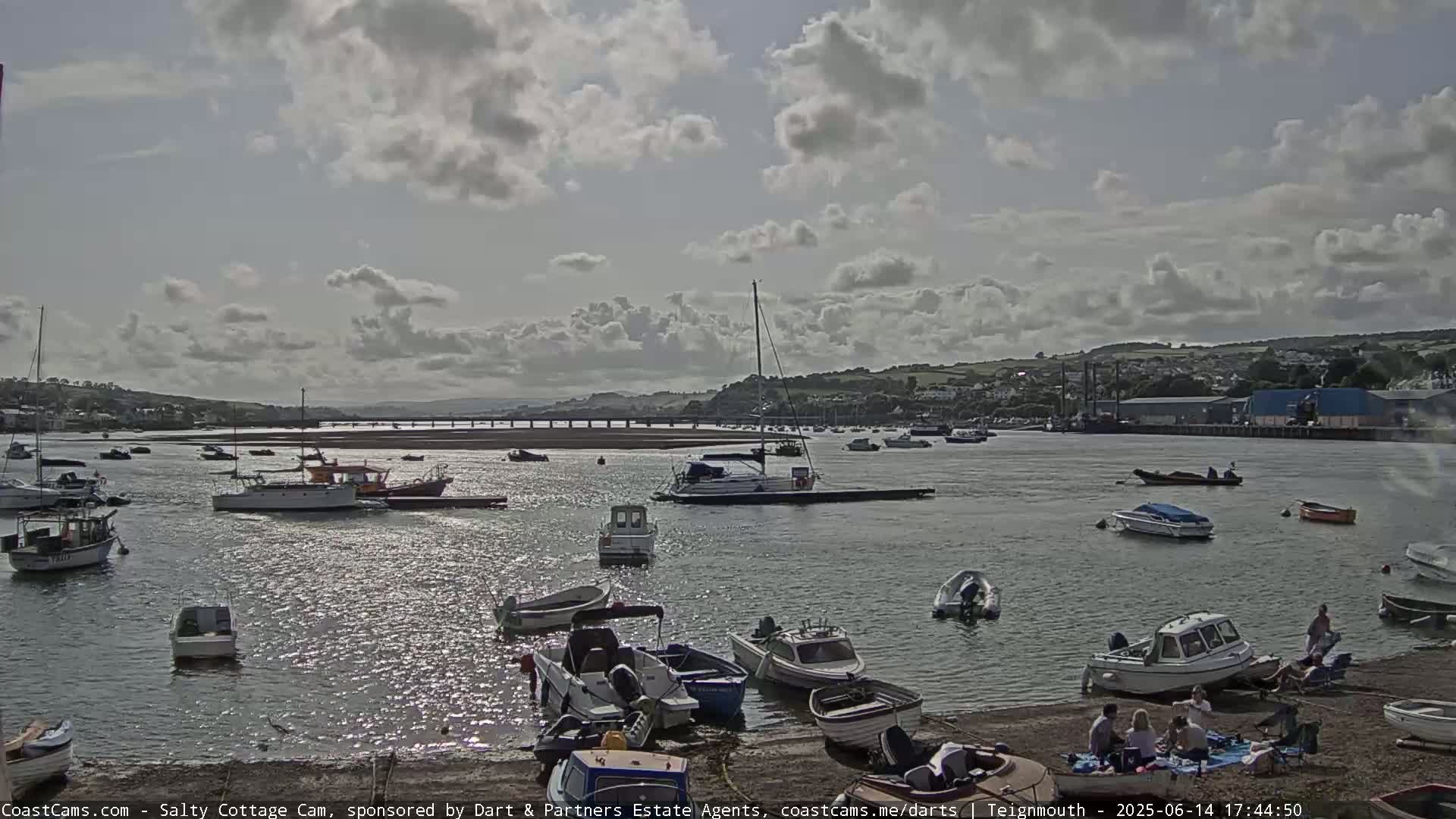 A partly sunny day shows numerous boats moored in a calm bay, with people picnicking on the shore and a bridge in the distance.