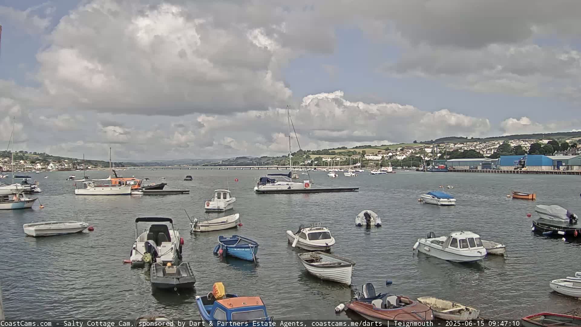 Many small motorboats are moored in calm water under a partly cloudy sky, with a bridge and distant buildings visible in the background.