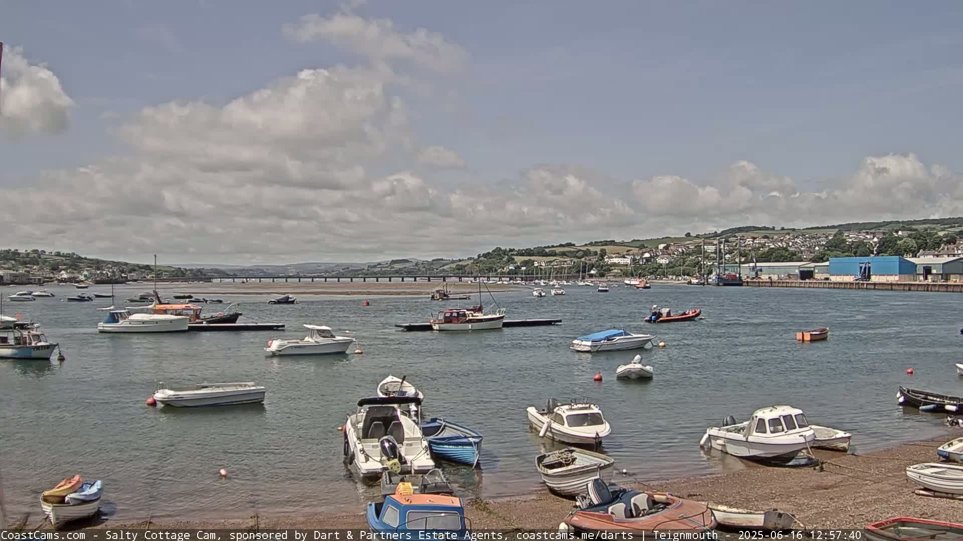 Numerous small boats are moored in a calm harbor under a partly cloudy sky, with a distant town and bridge visible across the water.