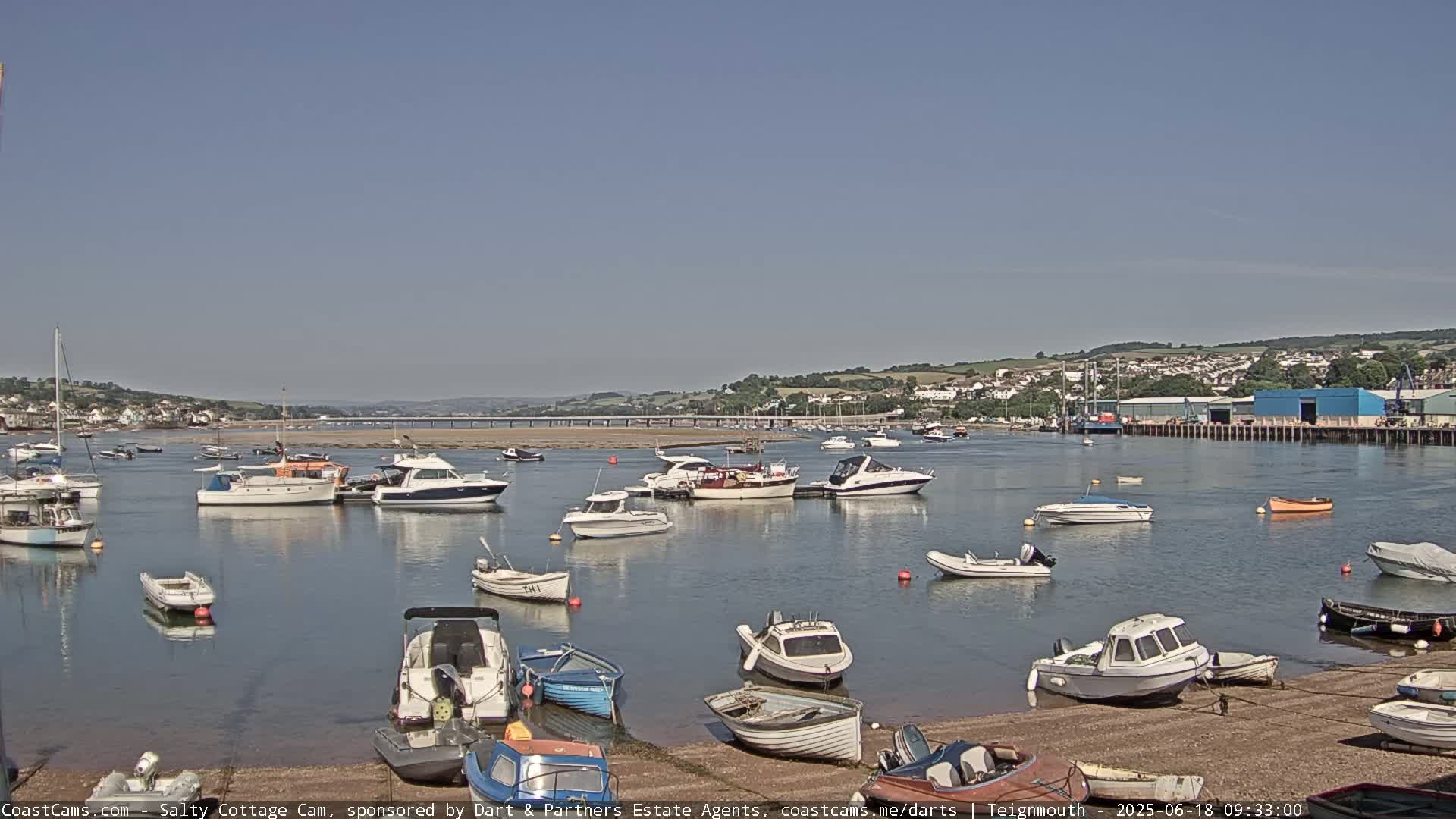Numerous boats are moored in a calm harbor on a sunny day, with a town and hills visible in the background.