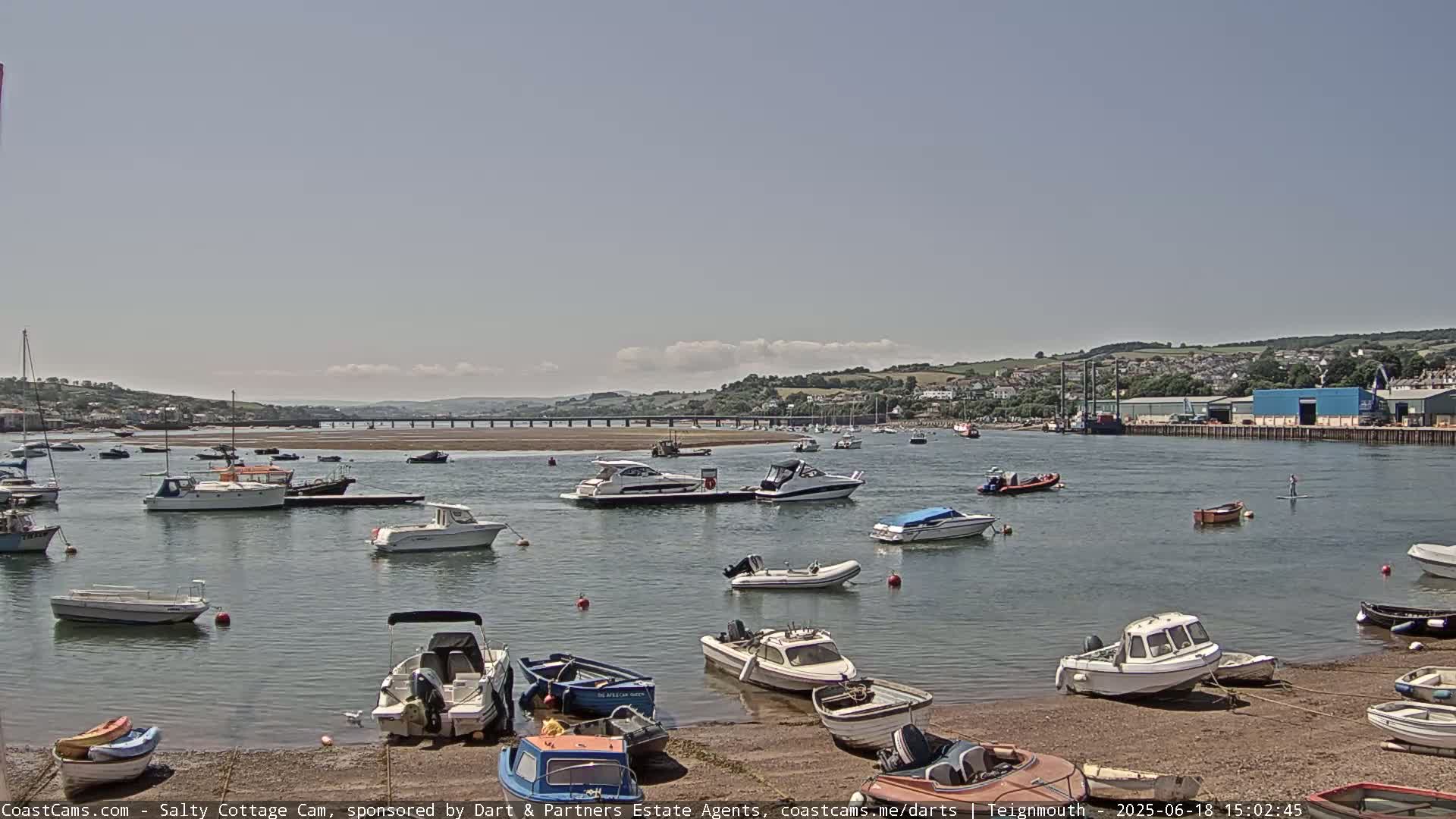 Numerous boats are moored in a calm harbor on a sunny day, with a bridge and distant hills visible in the background.