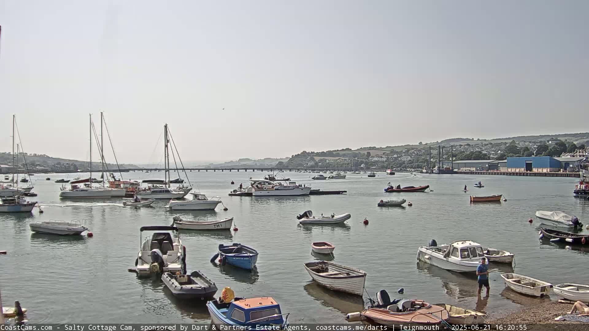 Numerous boats are moored in a calm harbor on a sunny day, with a bridge and distant hills visible in the background.
