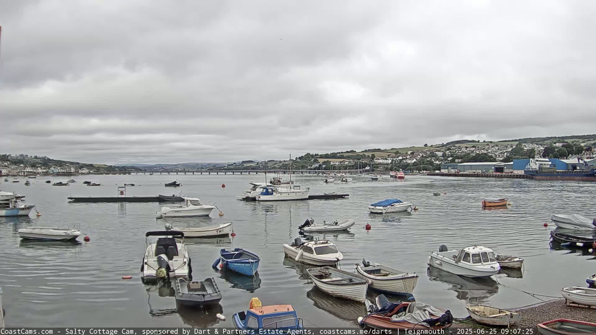 Numerous small boats are moored in a calm harbor under an overcast sky, with a bridge and distant hills visible in the background.
