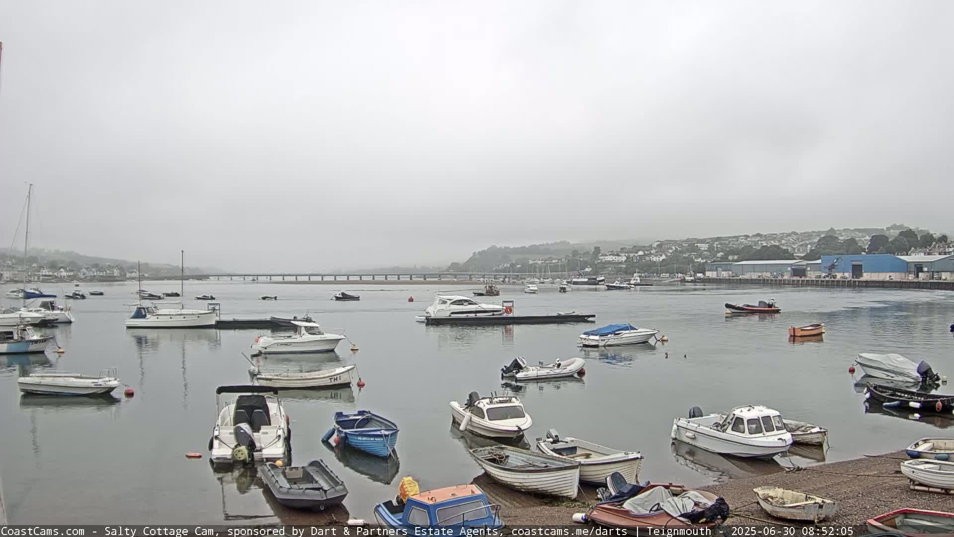 Numerous boats are moored in a calm harbor on a foggy day, with a distant bridge and hills visible in the hazy background.