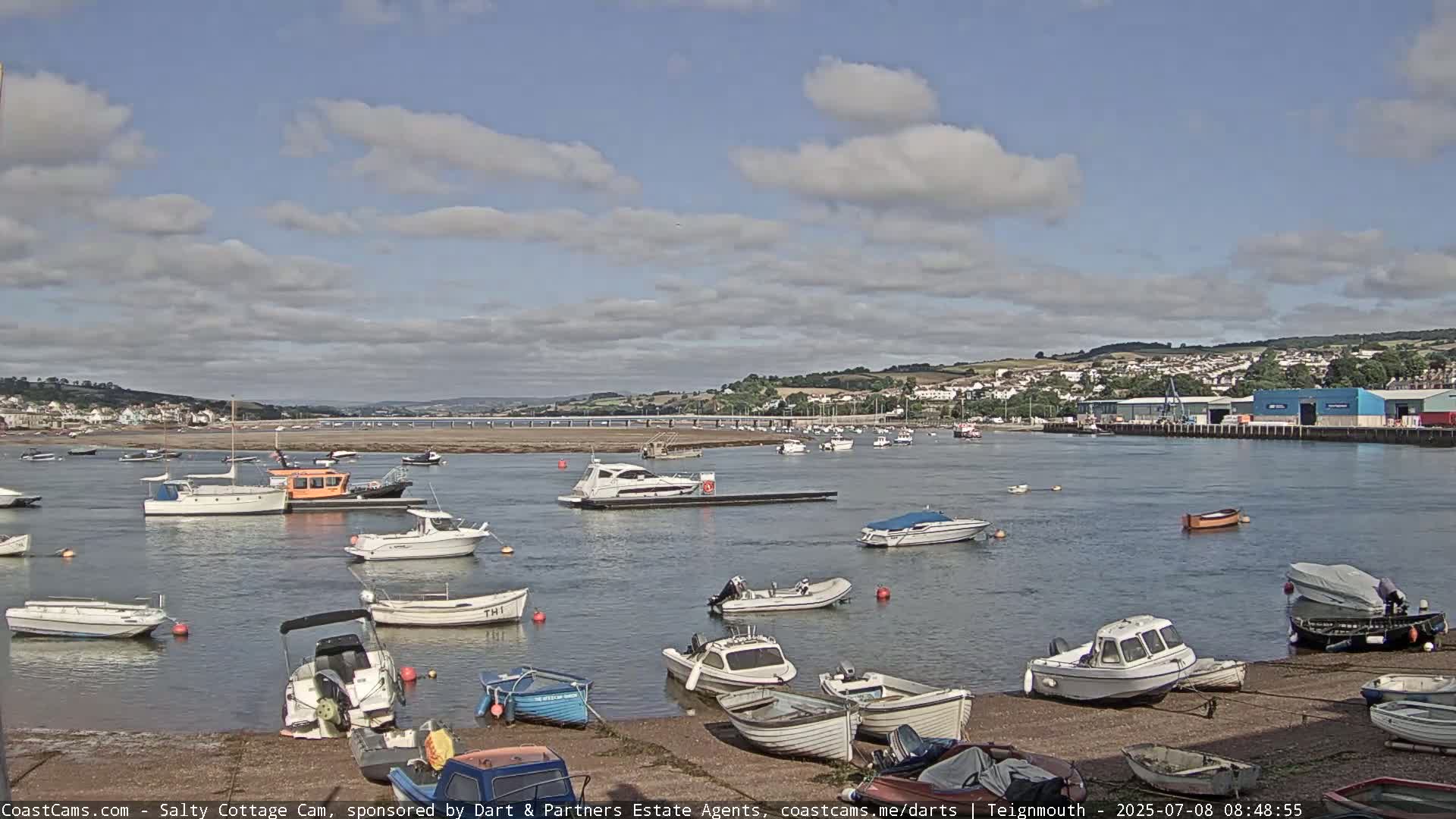 Numerous boats are moored in a calm harbor under a partly cloudy sky, with a town and bridge visible in the distance.