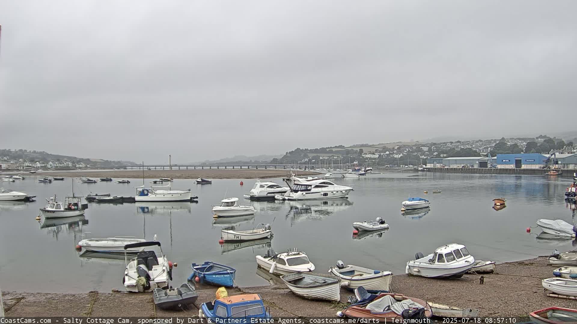 Many small motorboats are moored in a calm harbor on an overcast day, with a town and bridge visible in the distance.