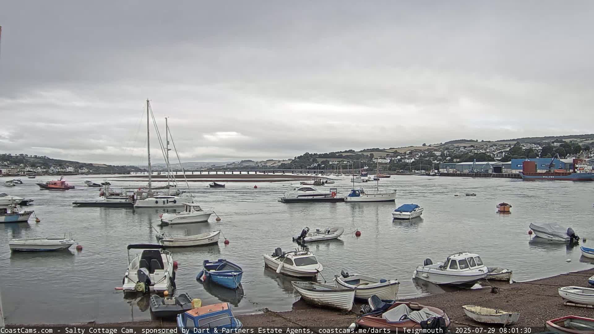 A calm harbor with numerous small boats and sailboats, under an overcast sky.
