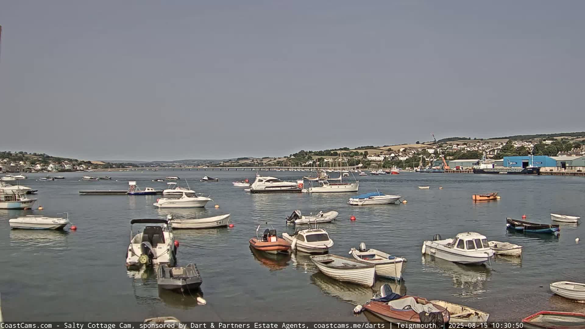 A calm harbor with numerous small boats and sailboats, under an overcast sky.