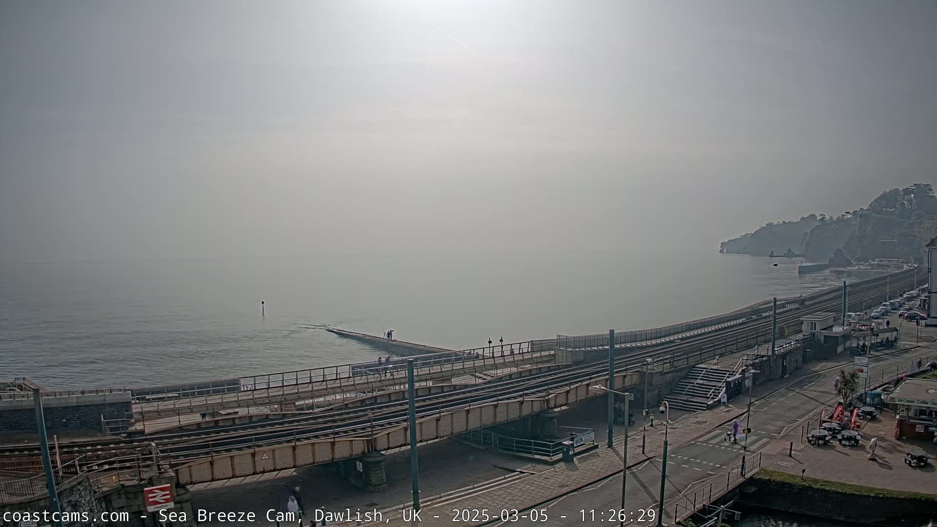A hazy coastal scene shows a railway line running along a sea wall next to a road, with people walking near the water and a few cars parked.