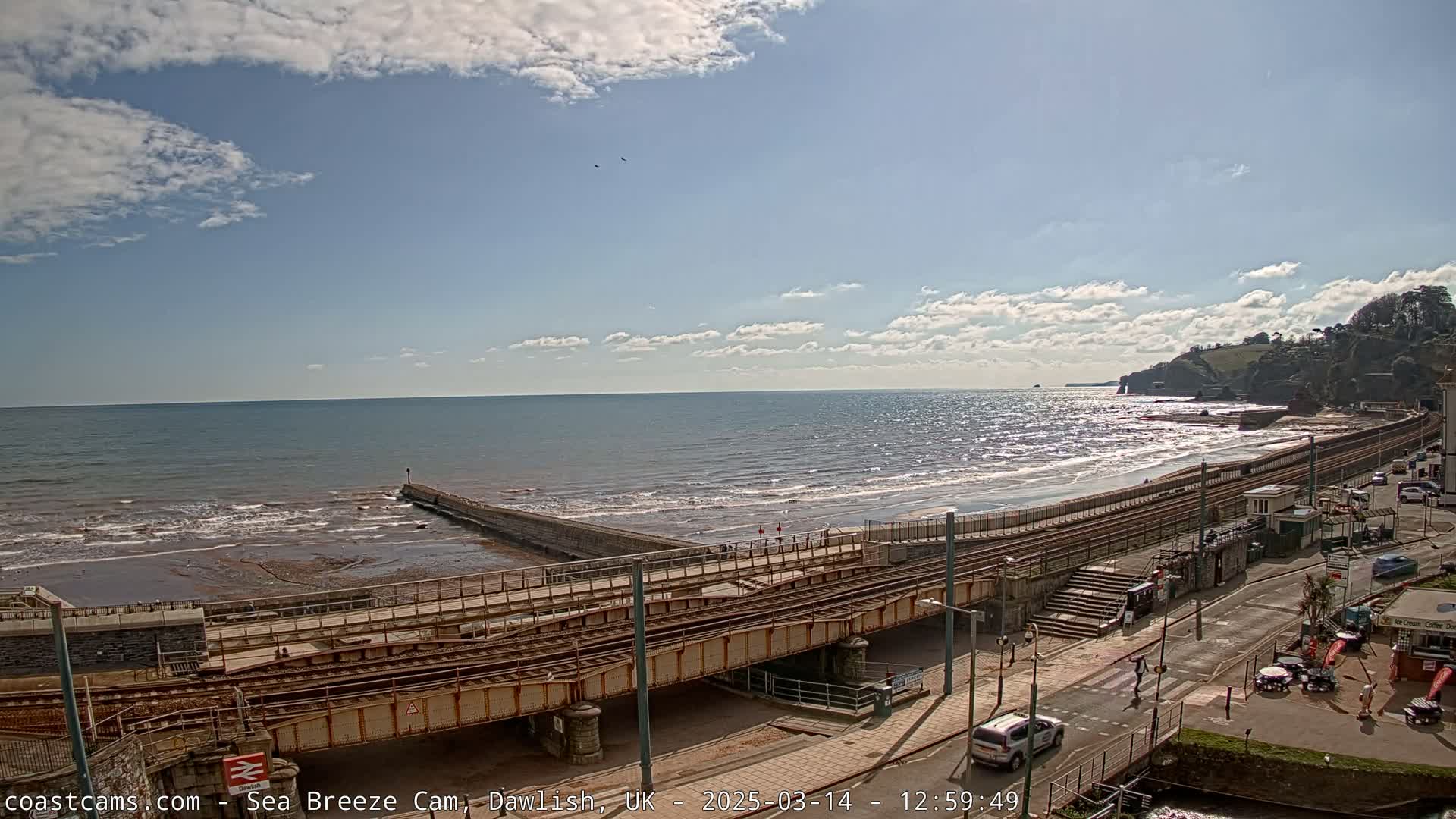 A coastal scene on a partly sunny day shows a beach with gentle waves, a railway line running alongside it, and a road with some cars and pedestrians.