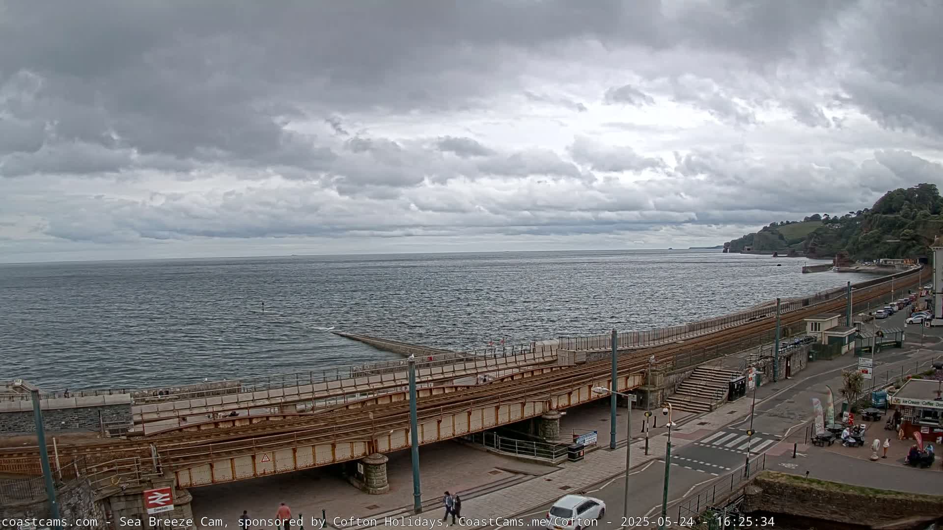 A mostly cloudy day shows a coastal town with a railway track running along a seawall beside the ocean.