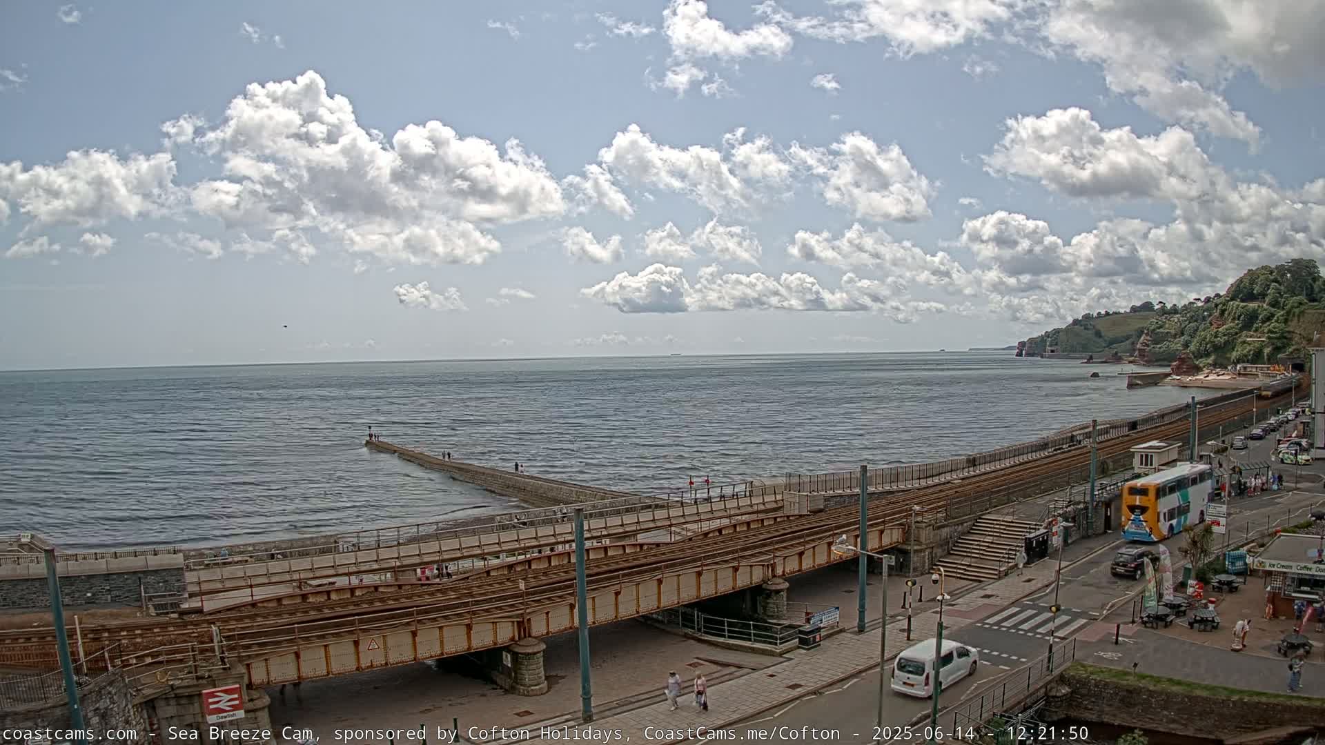 A partly cloudy day shows a coastal scene with a train track crossing a pier over the ocean, a bus and several cars are parked near the tracks, and people are walking along the pier and shore.