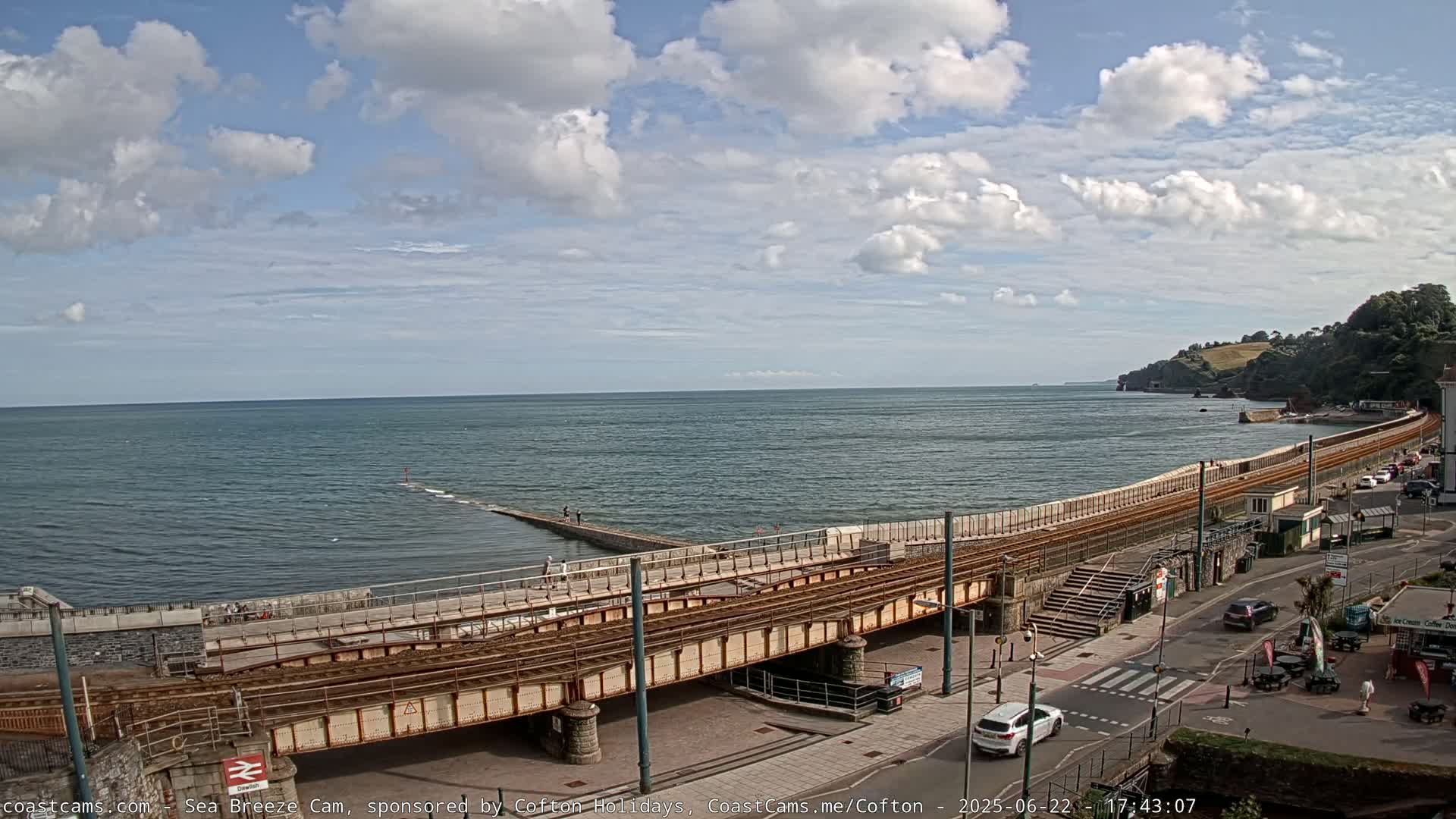 A coastal scene under a partly cloudy sky shows a railway line running along a seawall with people walking nearby, cars parked on a street beside it, and the ocean in the background.
