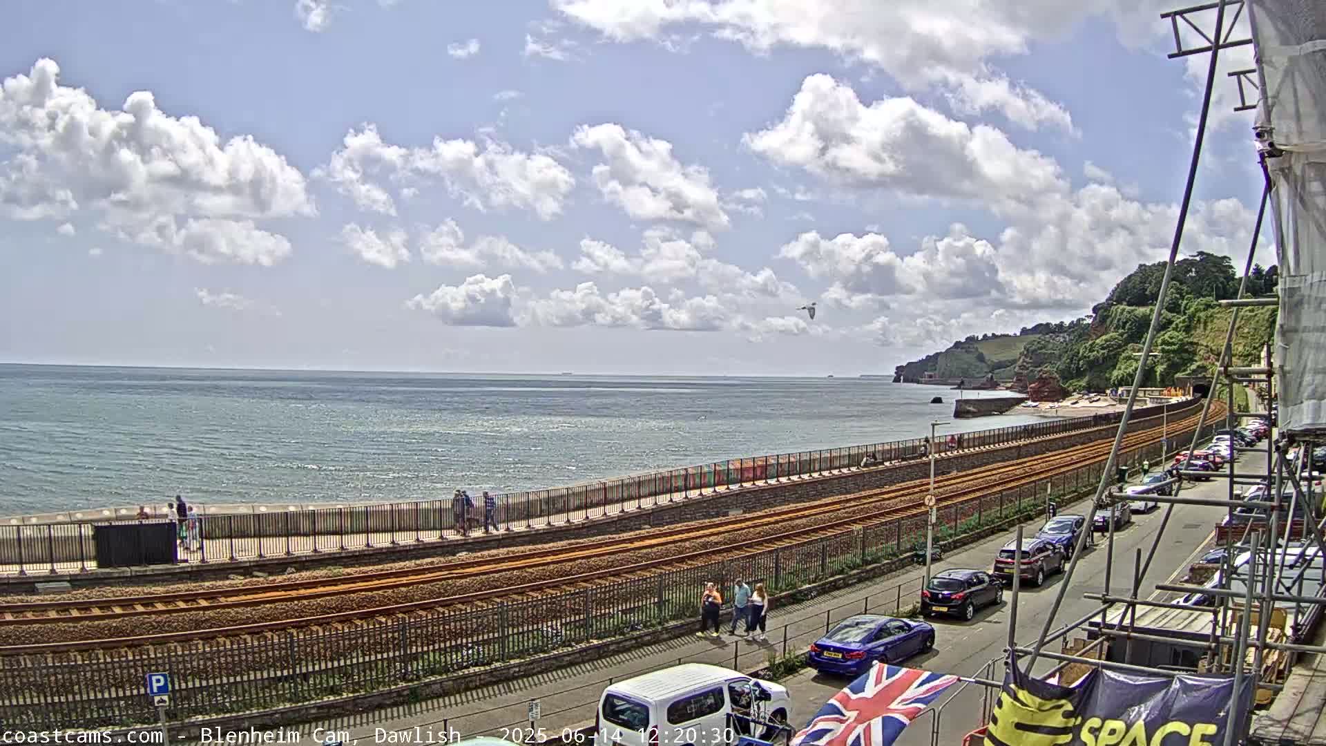 A partly cloudy day shows a coastal scene with a railway track running alongside a promenade, cars parked on a street, and people walking near the water.