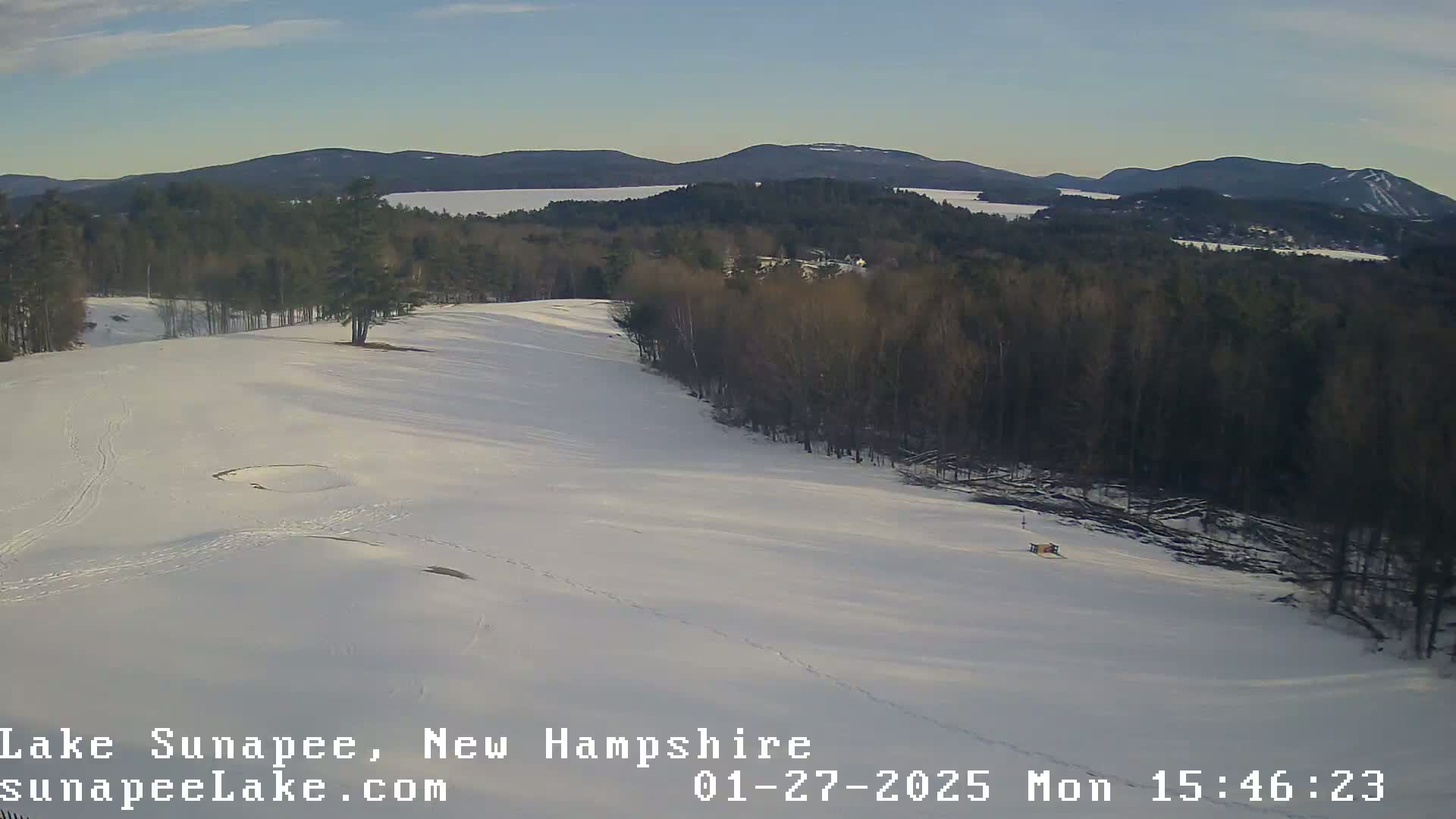 A snow-covered hill slopes down towards a dark forest bordering a lake under a clear, bright sky.