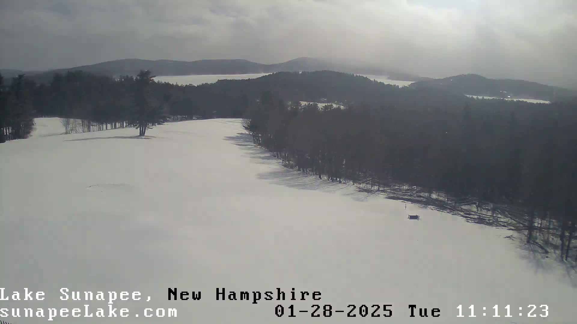 A snow-covered landscape with a line of dark trees separating a snowy field from a distant lake and mountains under a cloudy sky.