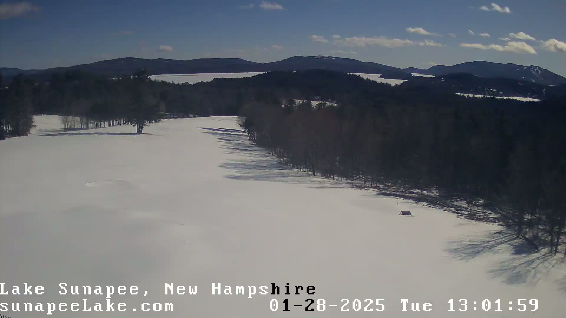 A snow-covered field with a line of bare trees bordering a distant, snow-capped mountain range under a mostly sunny sky.