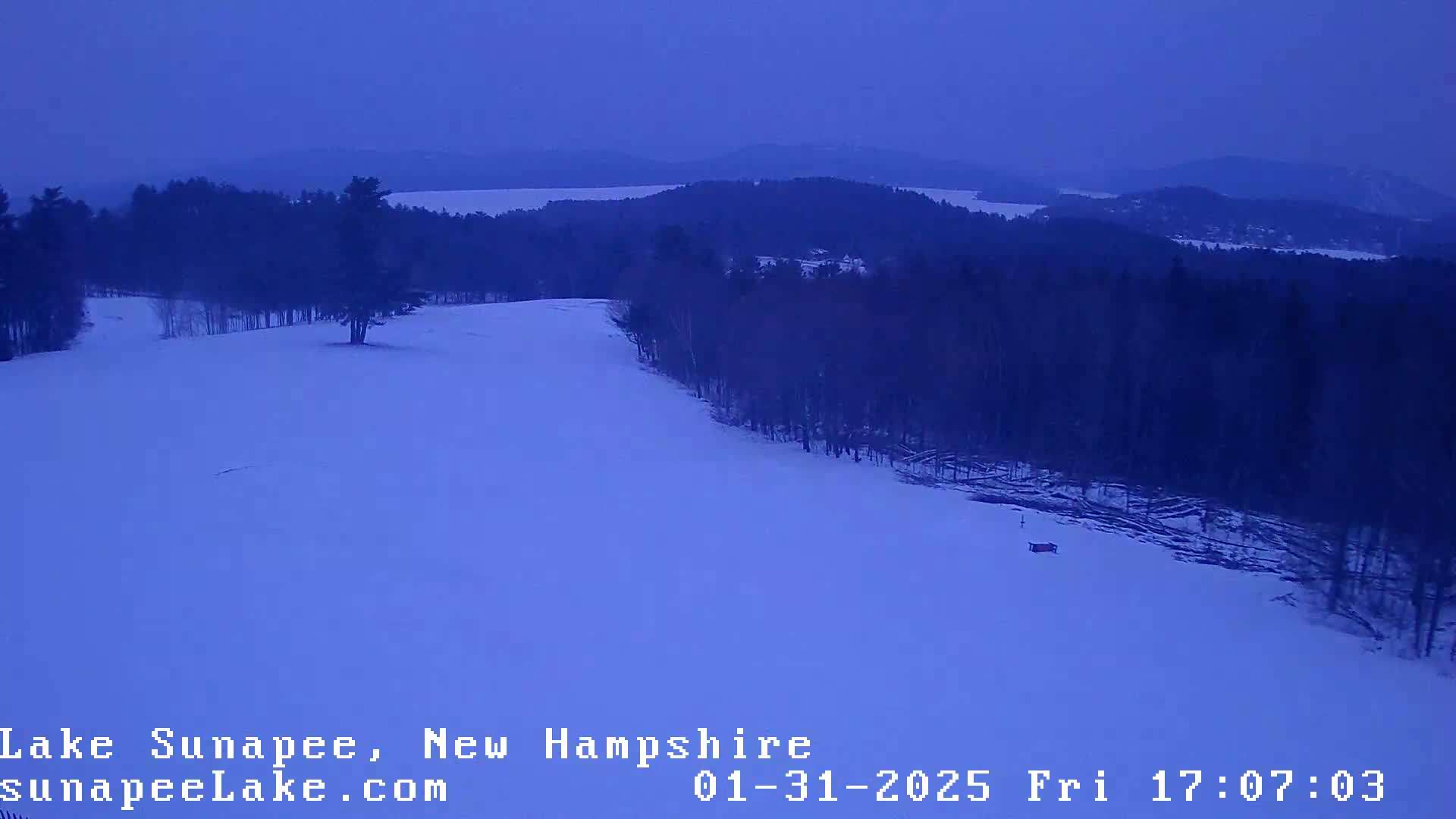 A snow-covered hill slopes down toward a dark line of trees under a twilight sky.