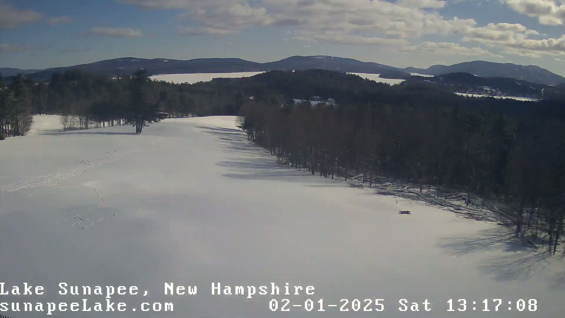 A snow-covered landscape with a line of dark trees, overlooking a distant lake and mountains under a partly cloudy sky.