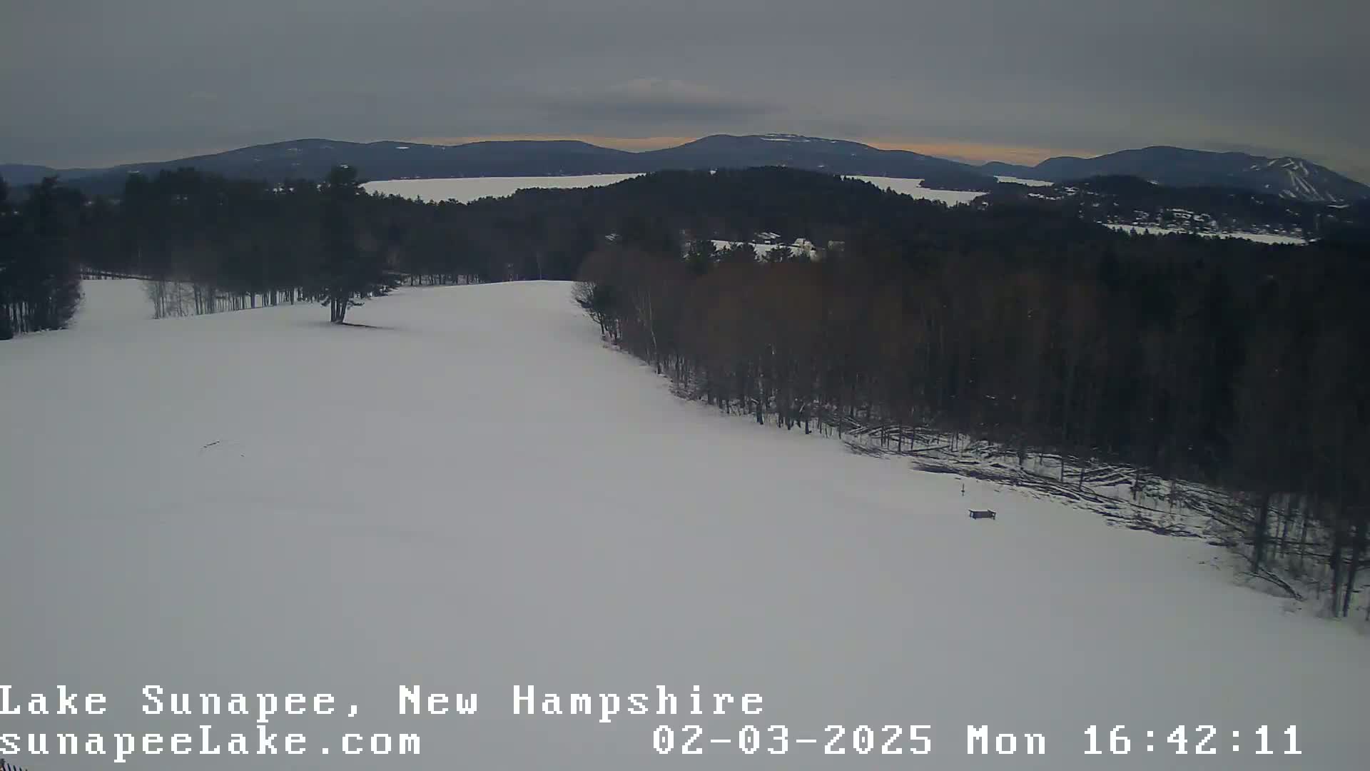 A snow-covered landscape with dark trees and a distant lake is visible under an overcast sky.