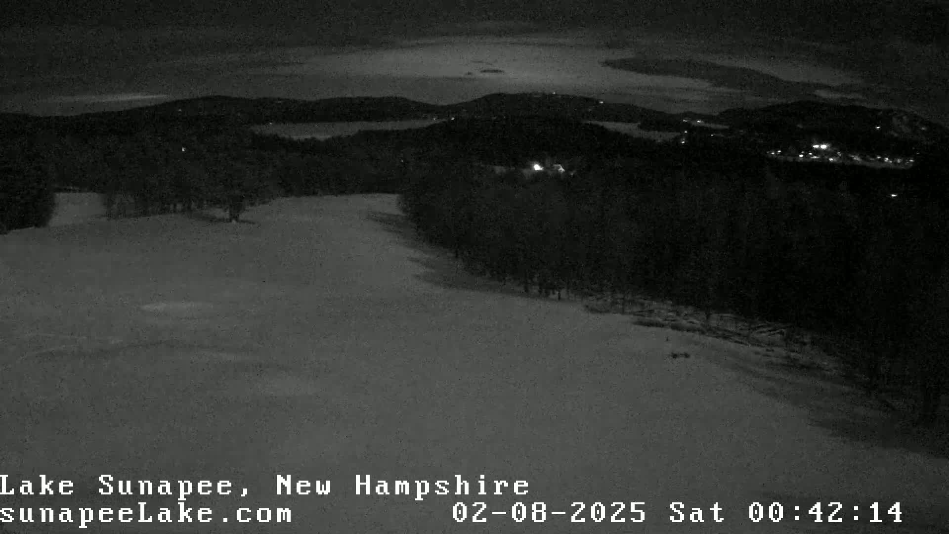 A nighttime, snowy landscape shows a dark, snow-covered slope leading down to a body of water and a distant, dimly lit town under a cloudy sky.