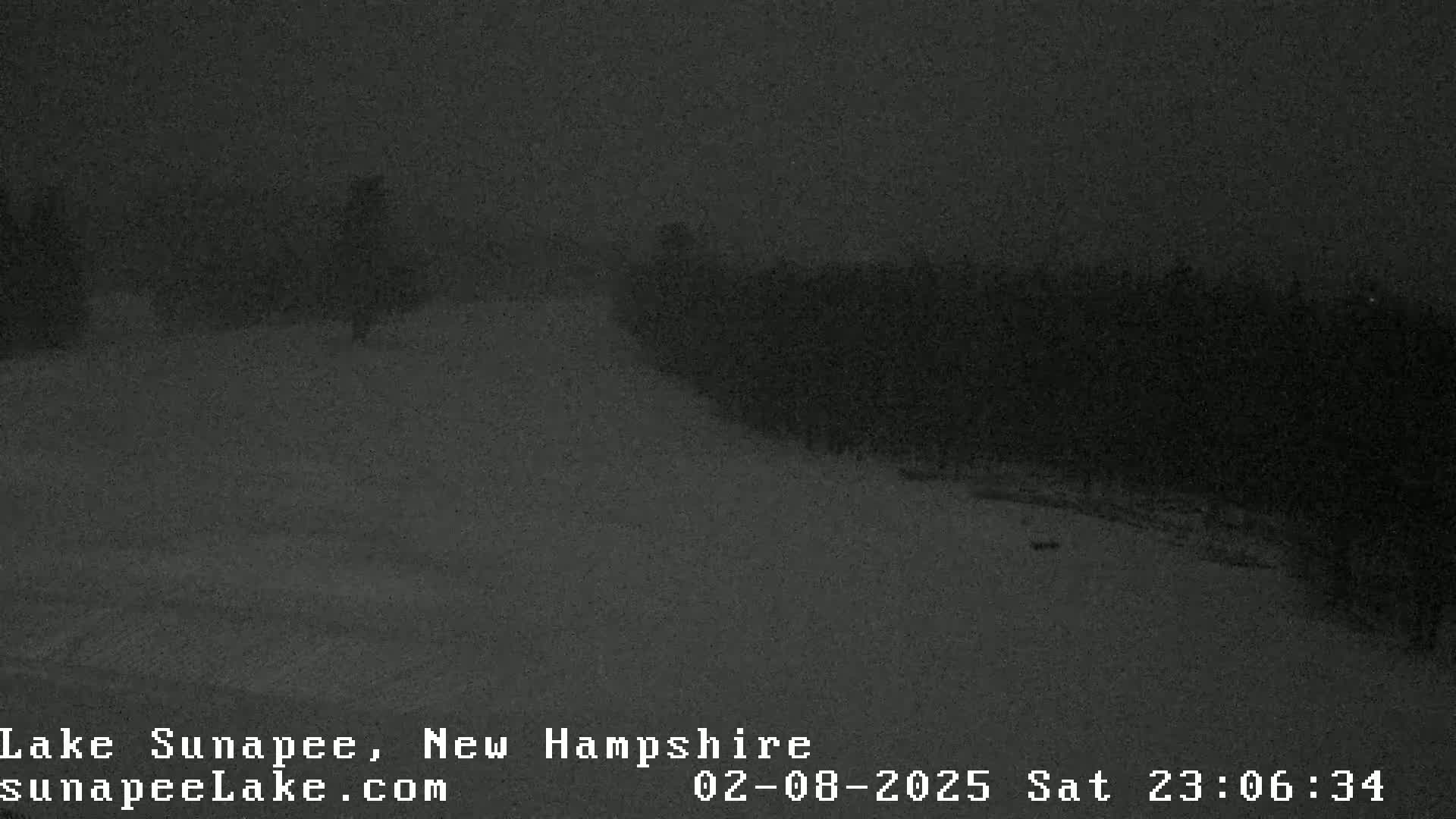 A dark, snowy landscape is visible at night, showing a mostly snow-covered ground with a dark line of trees in the background.