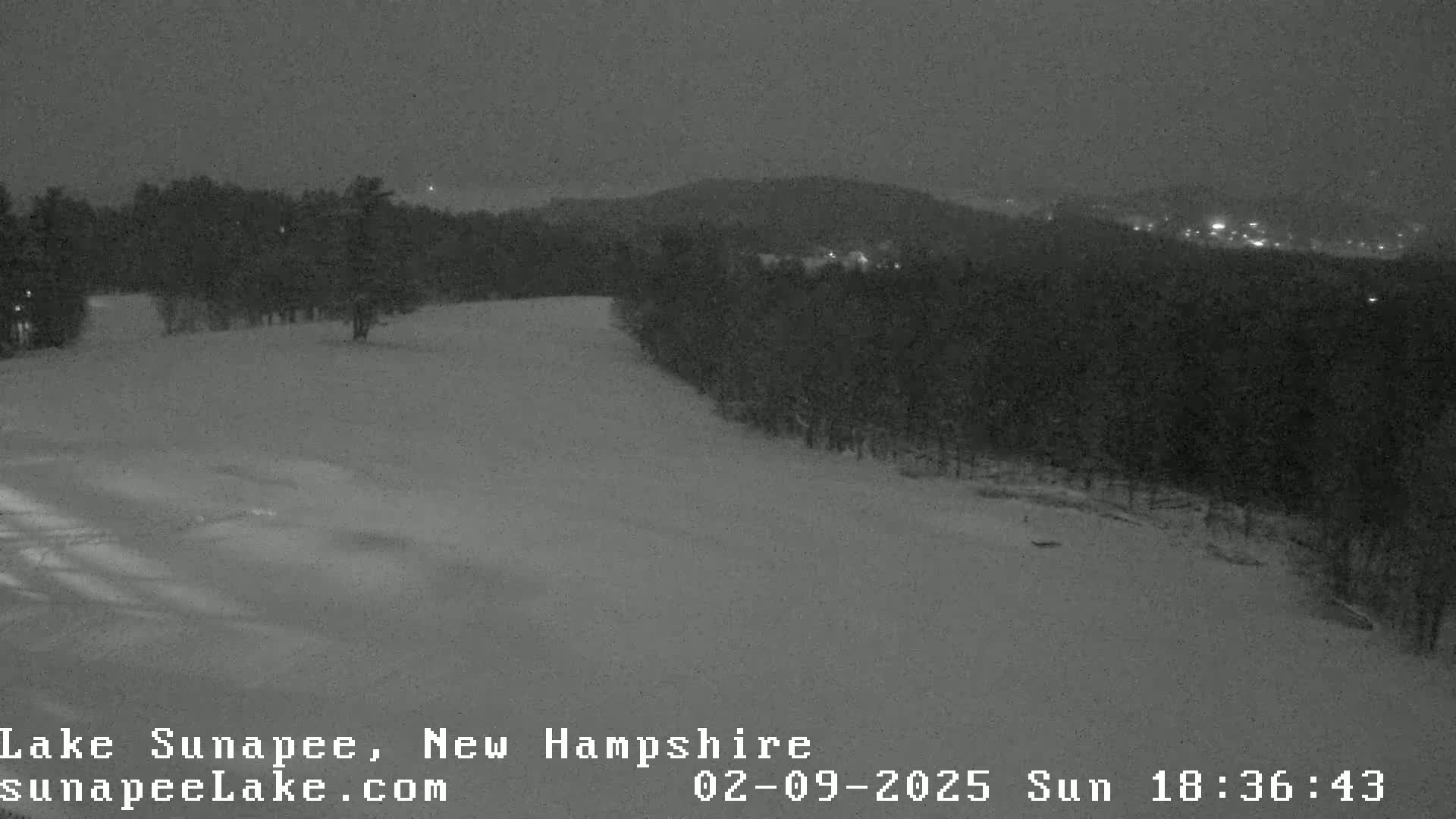 A snow-covered landscape at night, with dark trees and distant lights visible under a dark sky.