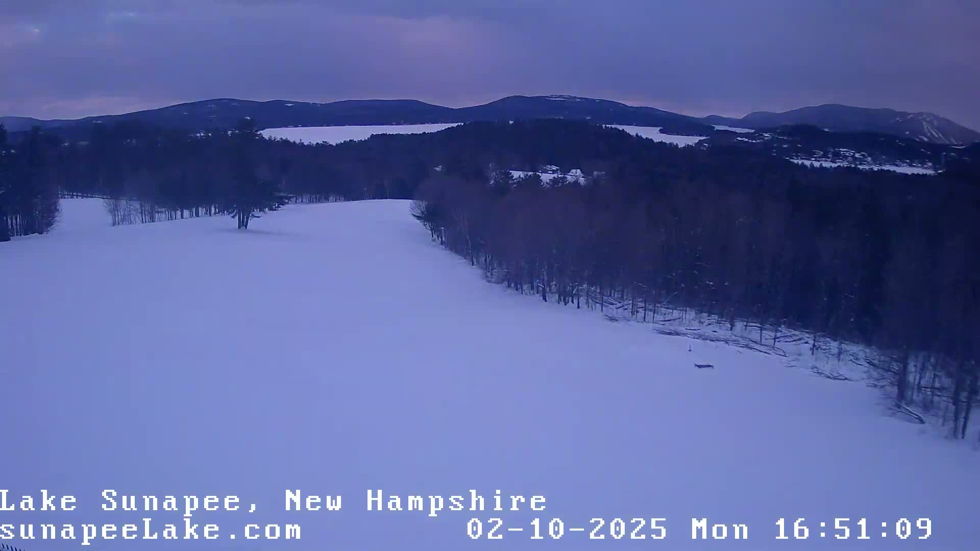 A snow-covered landscape with dark, snow-dusted trees and distant mountains under a dusky sky.
