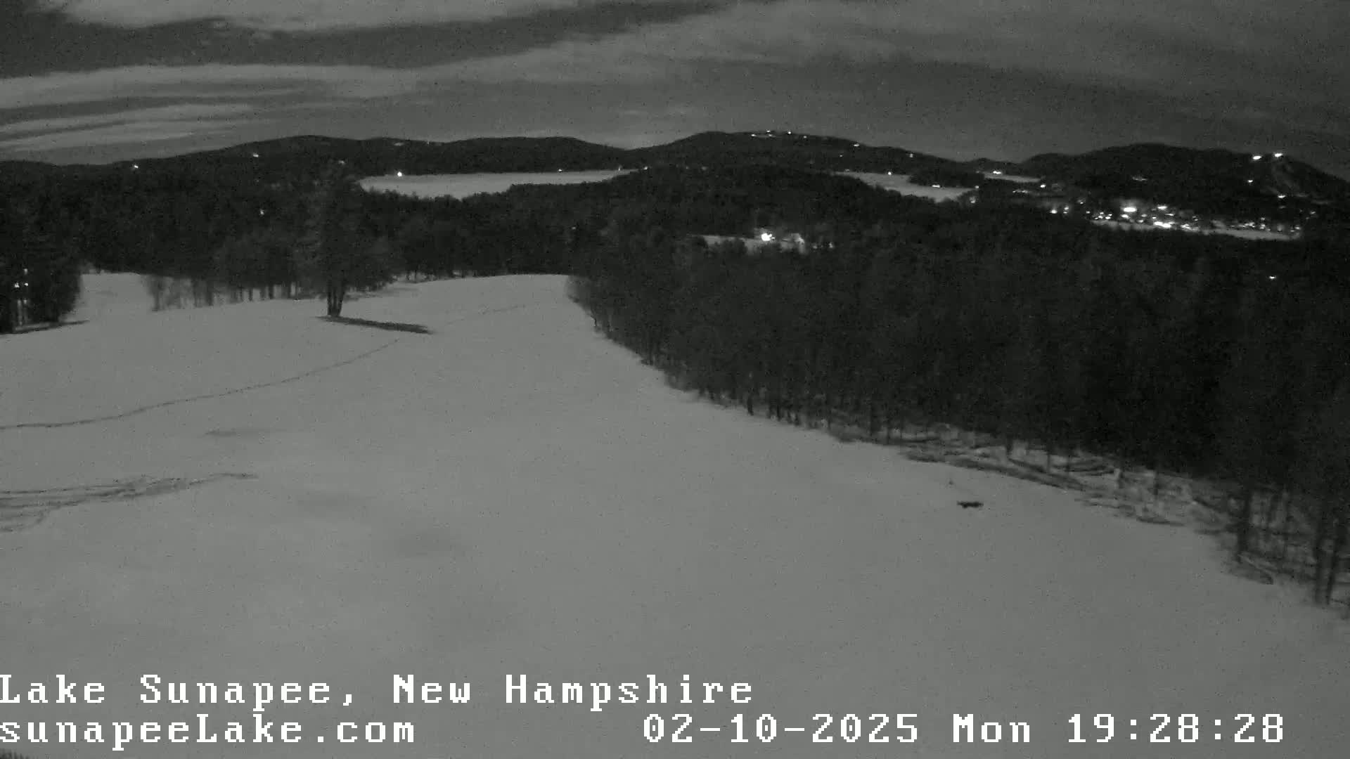 A nighttime, snow-covered landscape shows a gently sloping hill lined with dark trees, leading to a distant, faintly lit town under a cloudy sky.